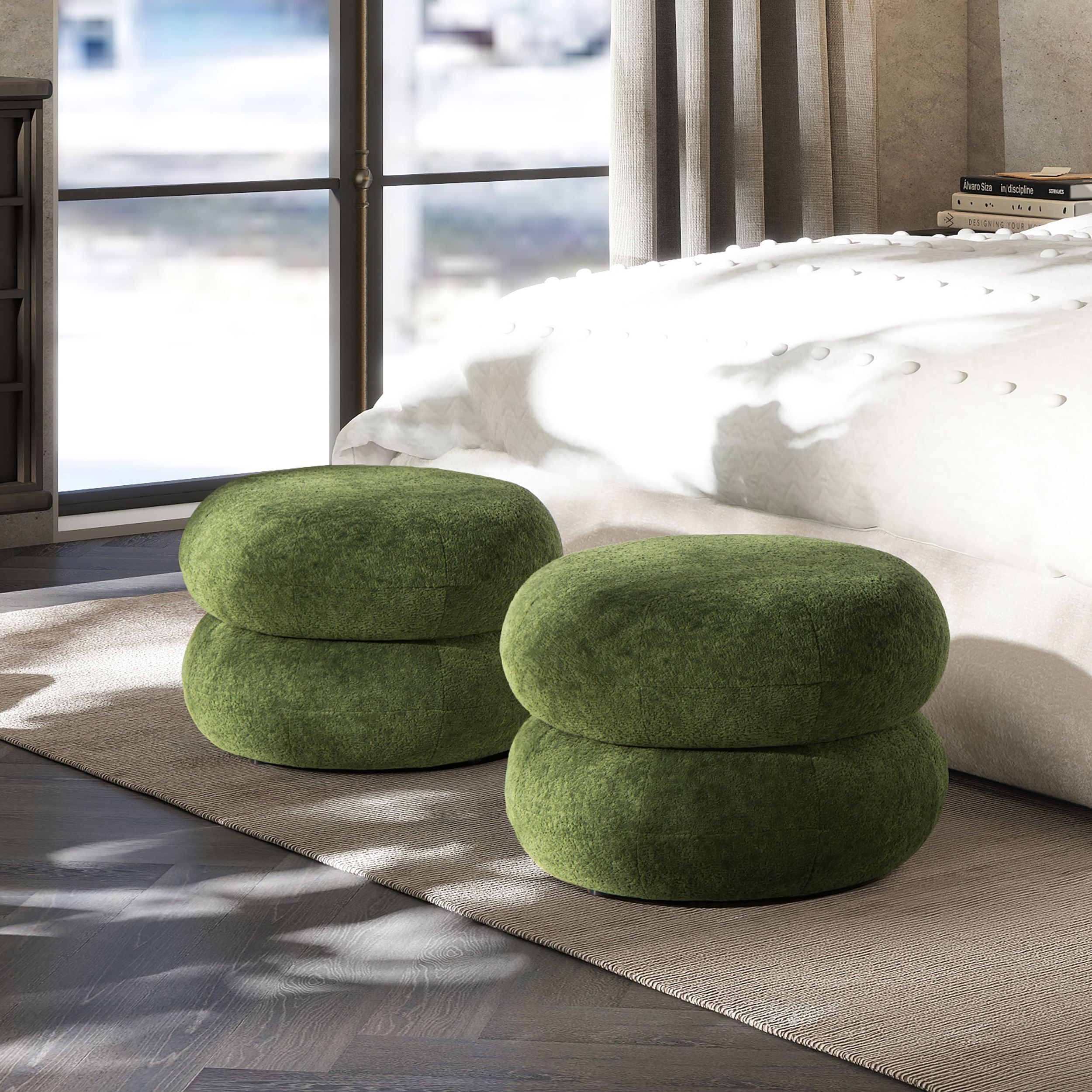 Nest 19.5"" Low Round Upholstered Ottoman  Moss Green