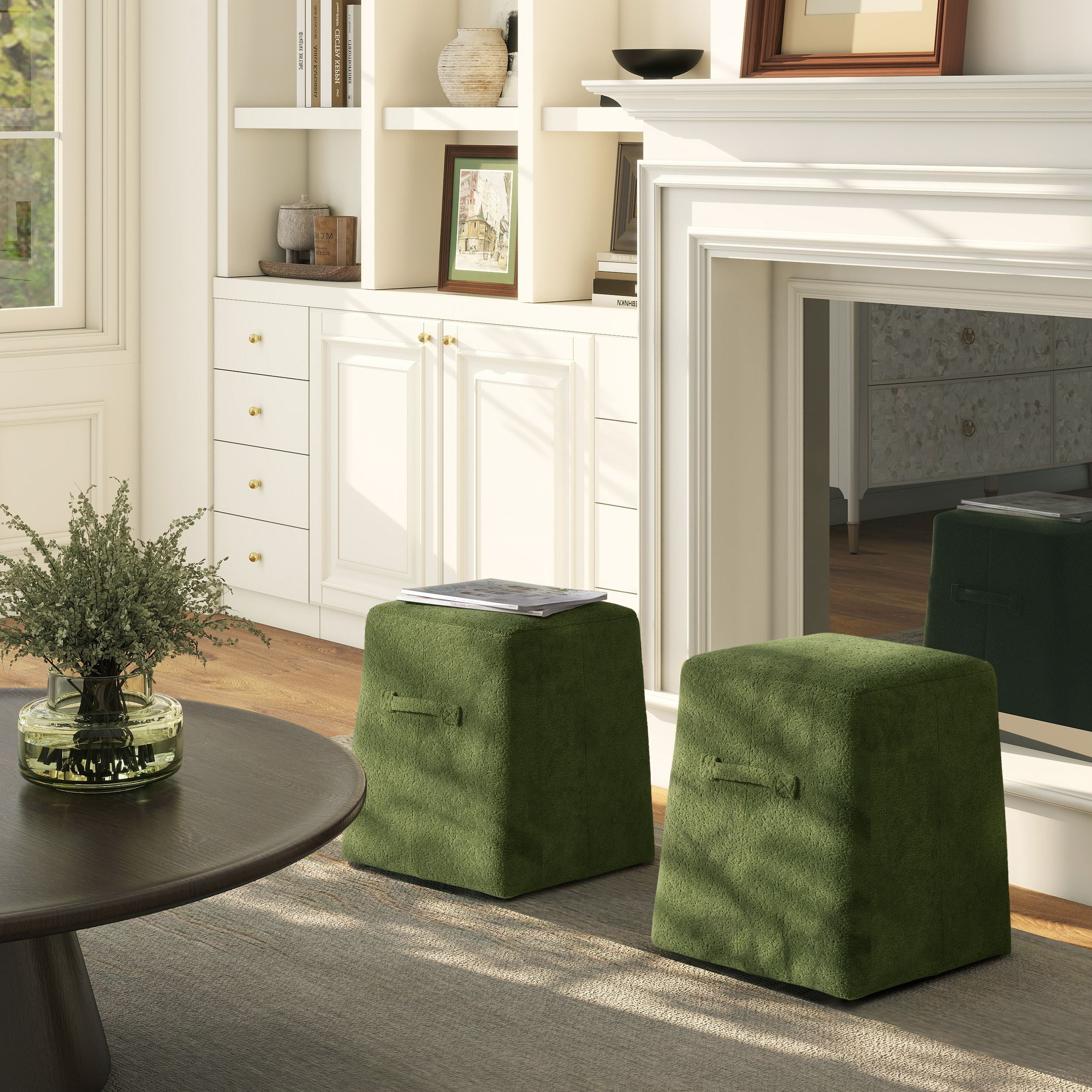 Oliver 16"" Tapered Square Upholstered Ottoman  Moss Green Fleeced Teddy