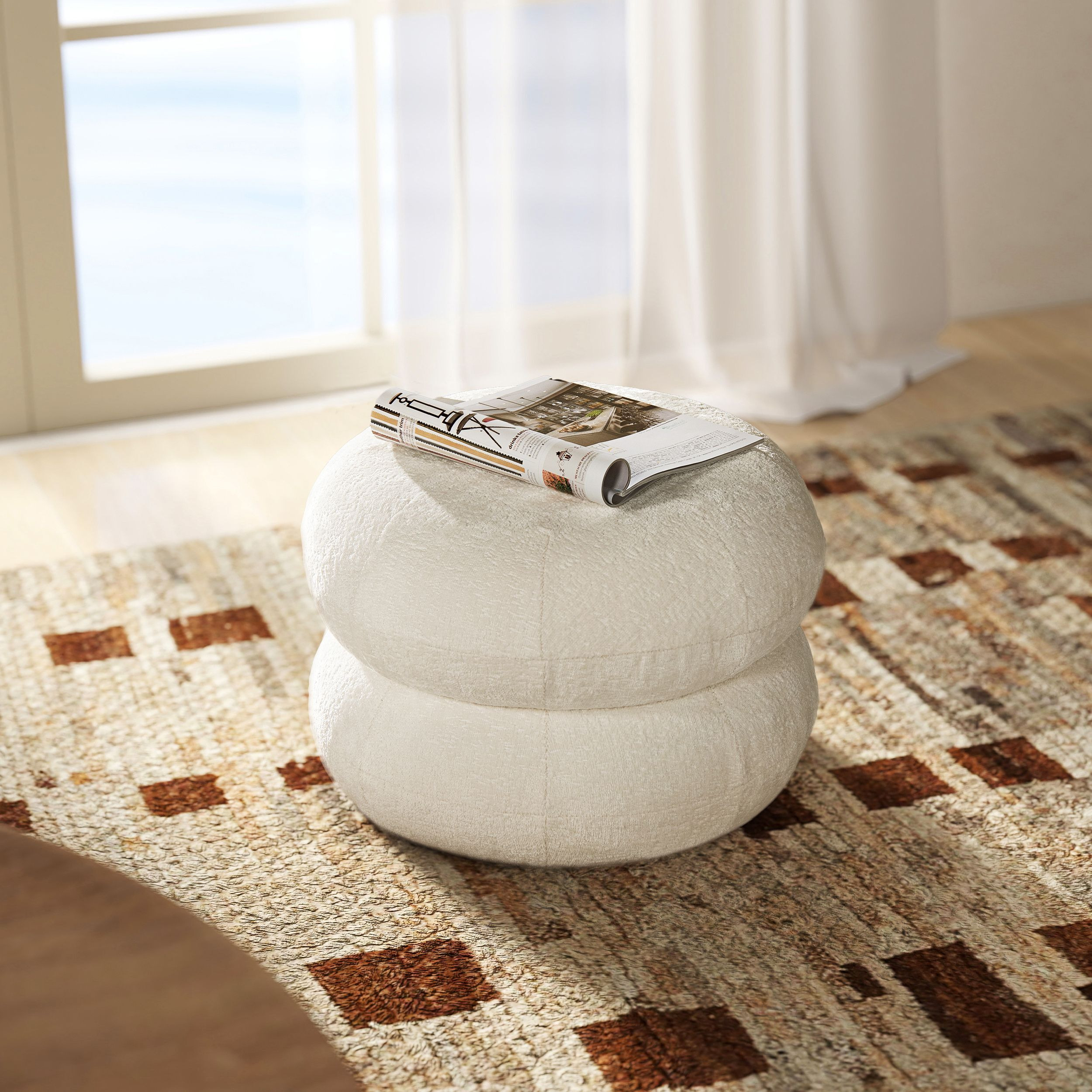 Nest 19.5"" Low Round Upholstered Ottoman  Almond White Chenille