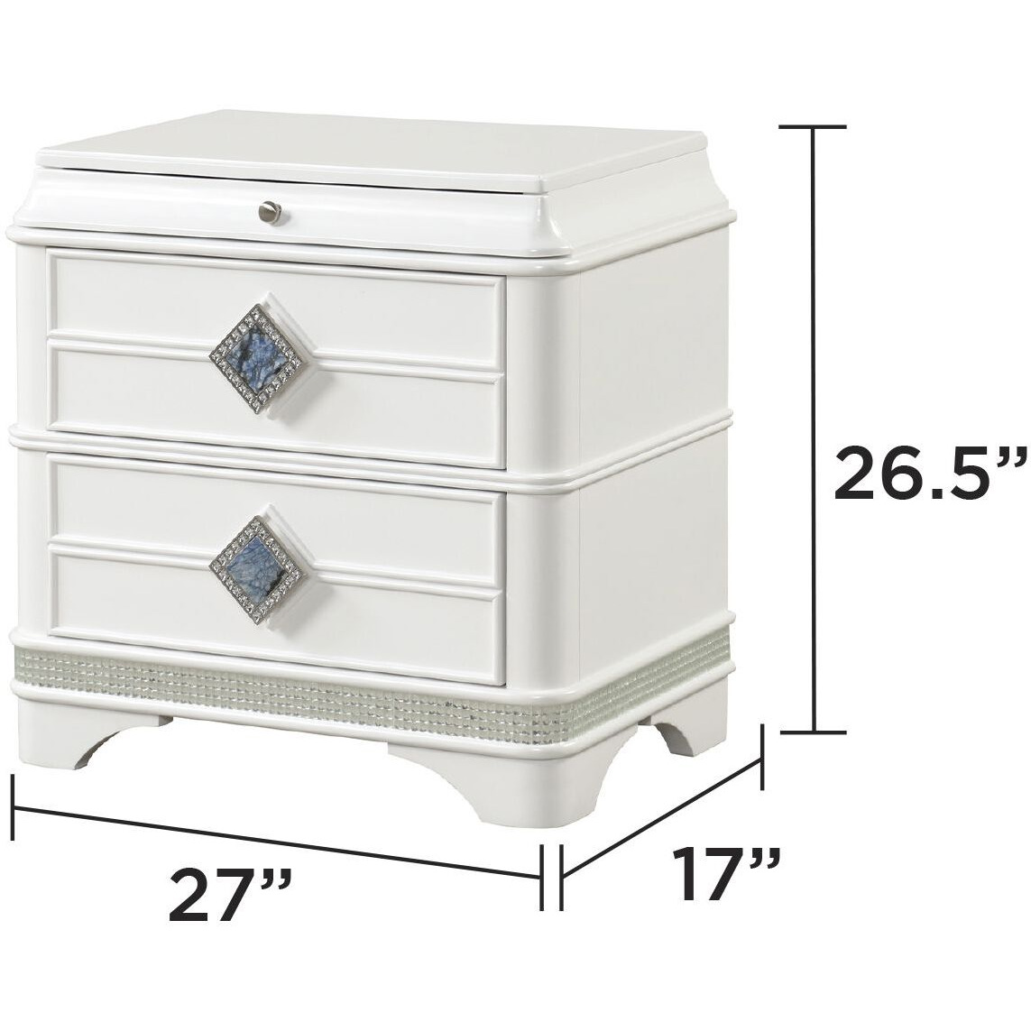 Laguna Modern Style 2-Drawer Night Stand Made With Wood  Hidden Jewlry Drawer And Crystal Accents In White