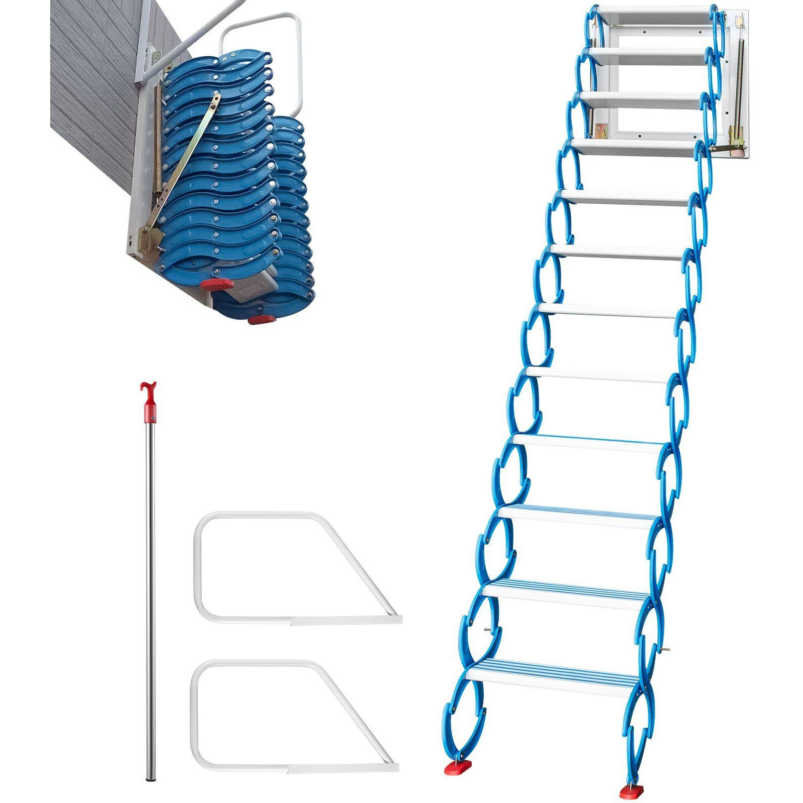 Vevor Attic Steps Pull Down 12 Steps Attic Stairs  Alloy Attic Access Ladder  Blue Pulldown Attic Stairs  Wall-Mounted Folding Stairs For Attic  Retractable Attic Ladder With Armrests  9.8 Feet Height