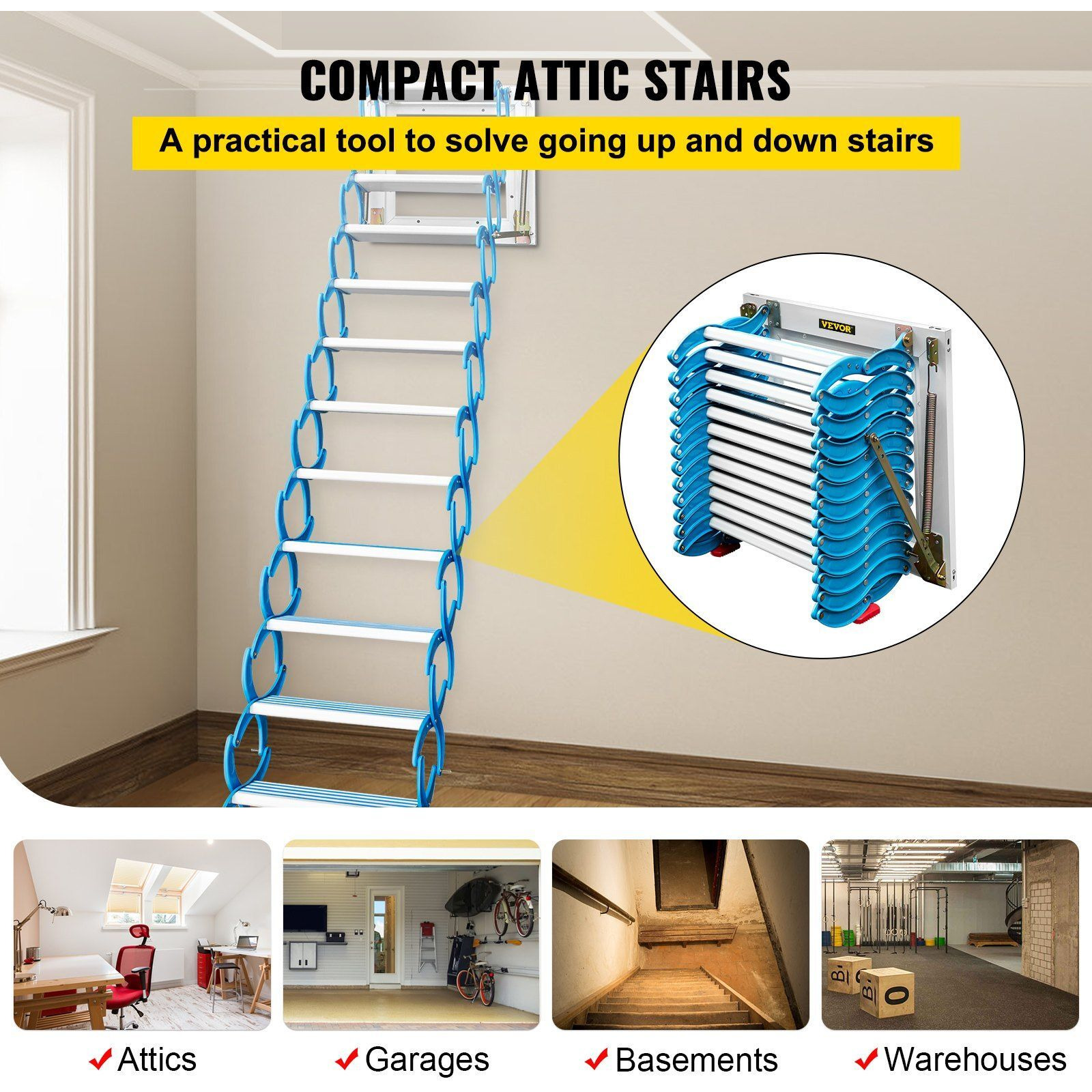 Vevor Attic Steps Pull Down 12 Steps Attic Stairs  Alloy Attic Access Ladder  Blue Pulldown Attic Stairs  Wall-Mounted Folding Stairs For Attic  Retractable Attic Ladder With Armrests  9.8 Feet Height