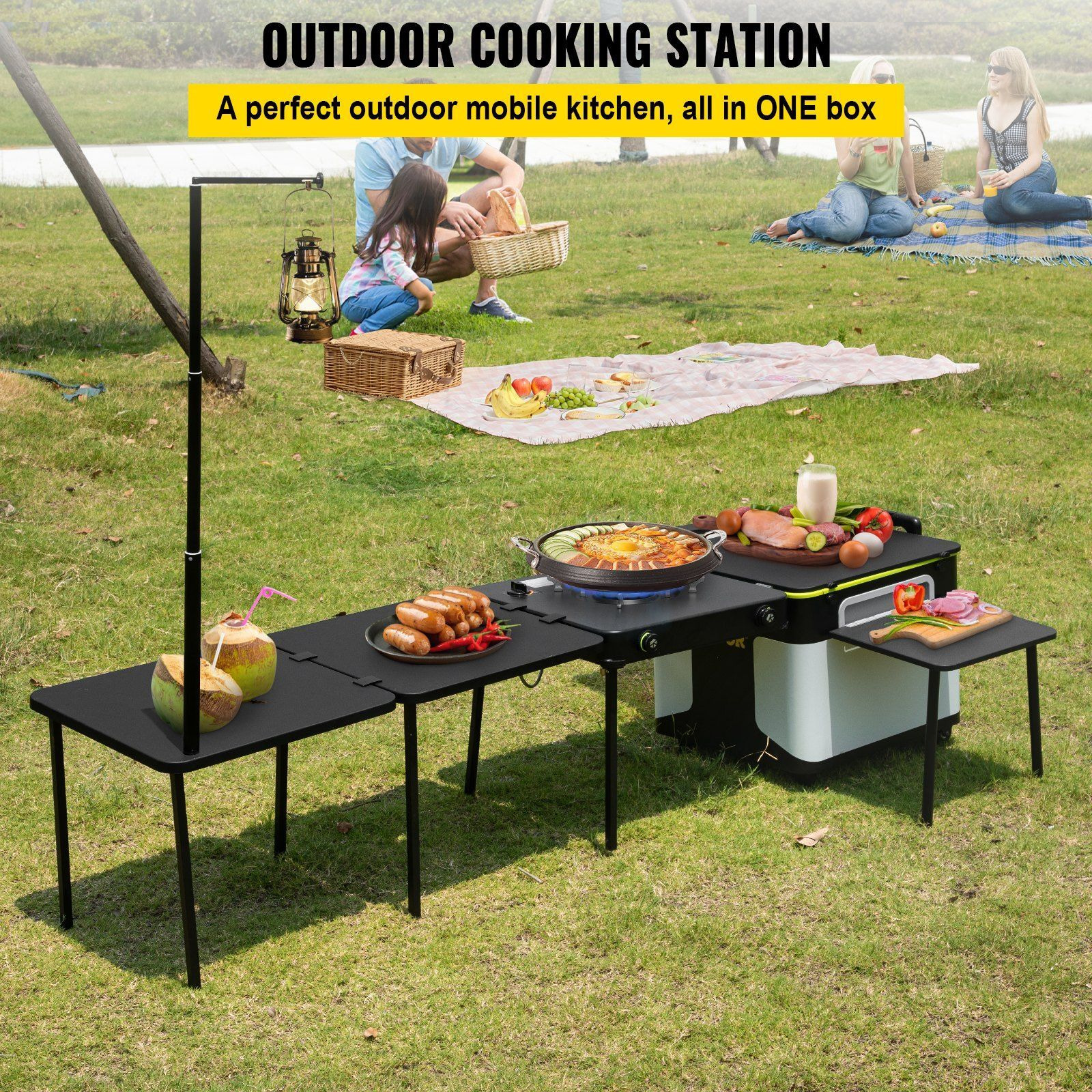 Vevor Outdoor Mobile Kitchen  Portable Multifunctional Camp Box With Wheels All In One Integrated Cooking Station With Windproof Stove  Folding Tables Storage Organizer  Black