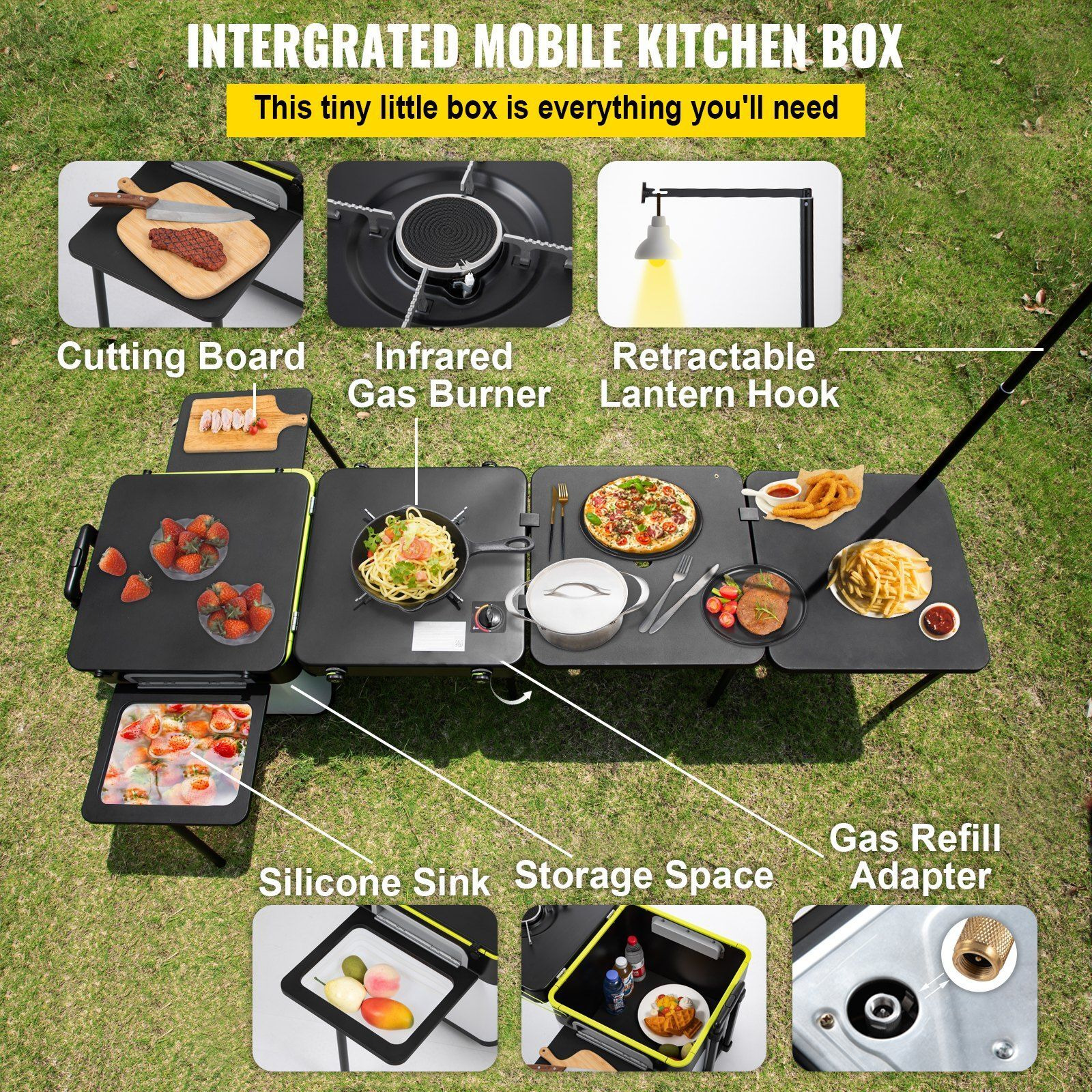 Vevor Outdoor Mobile Kitchen  Portable Multifunctional Camp Box With Wheels All In One Integrated Cooking Station With Windproof Stove  Folding Tables Storage Organizer  Black
