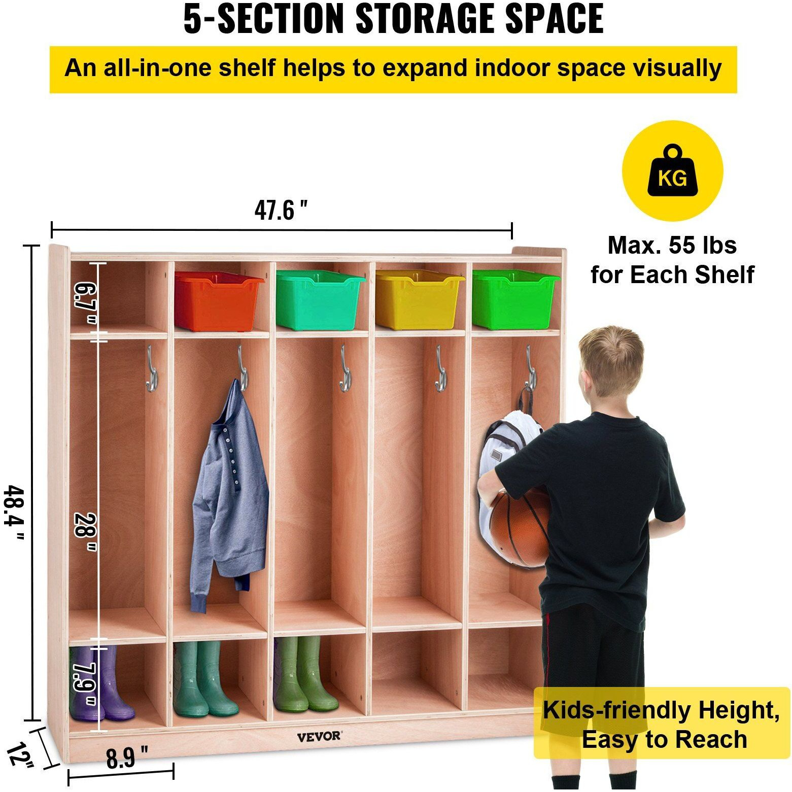 Vevor Preschool Cubby Lockers 5-Section Plywood Birch Coat Locker 15Mm Thickness Kids Locker For Home 48.4 Inch High Durable Classroom Lockers For Toddlers And Kids Commercial Or Personal Use