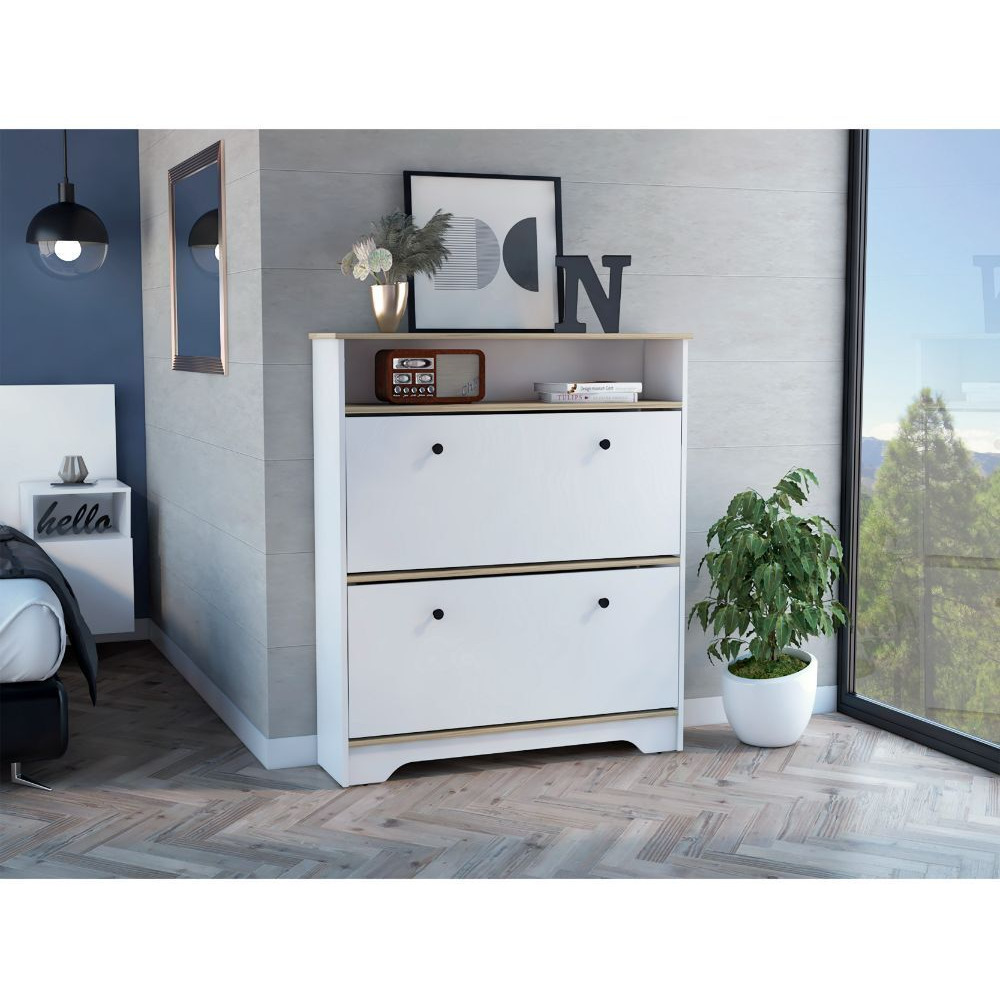 Brandford Shoe Rack  Superior Top  Two Shelves  Light Oak / White