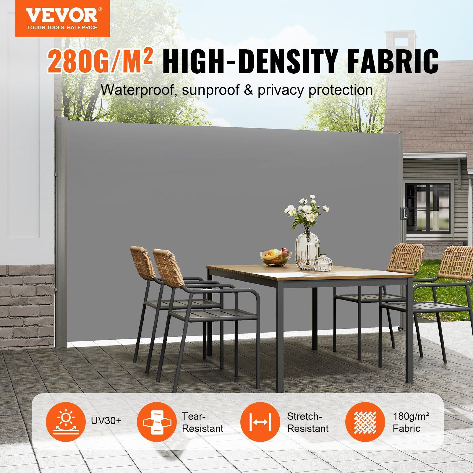 Vevor Retractable Side Awning  71''118'' Full Aluminum Rust-Proof Outdoor Privacy Screen  Folding Room Divider Fence & Wind Screen For Patio Sun Shade  Backyard  Balcony  Roof Terraces And Pools  Grey