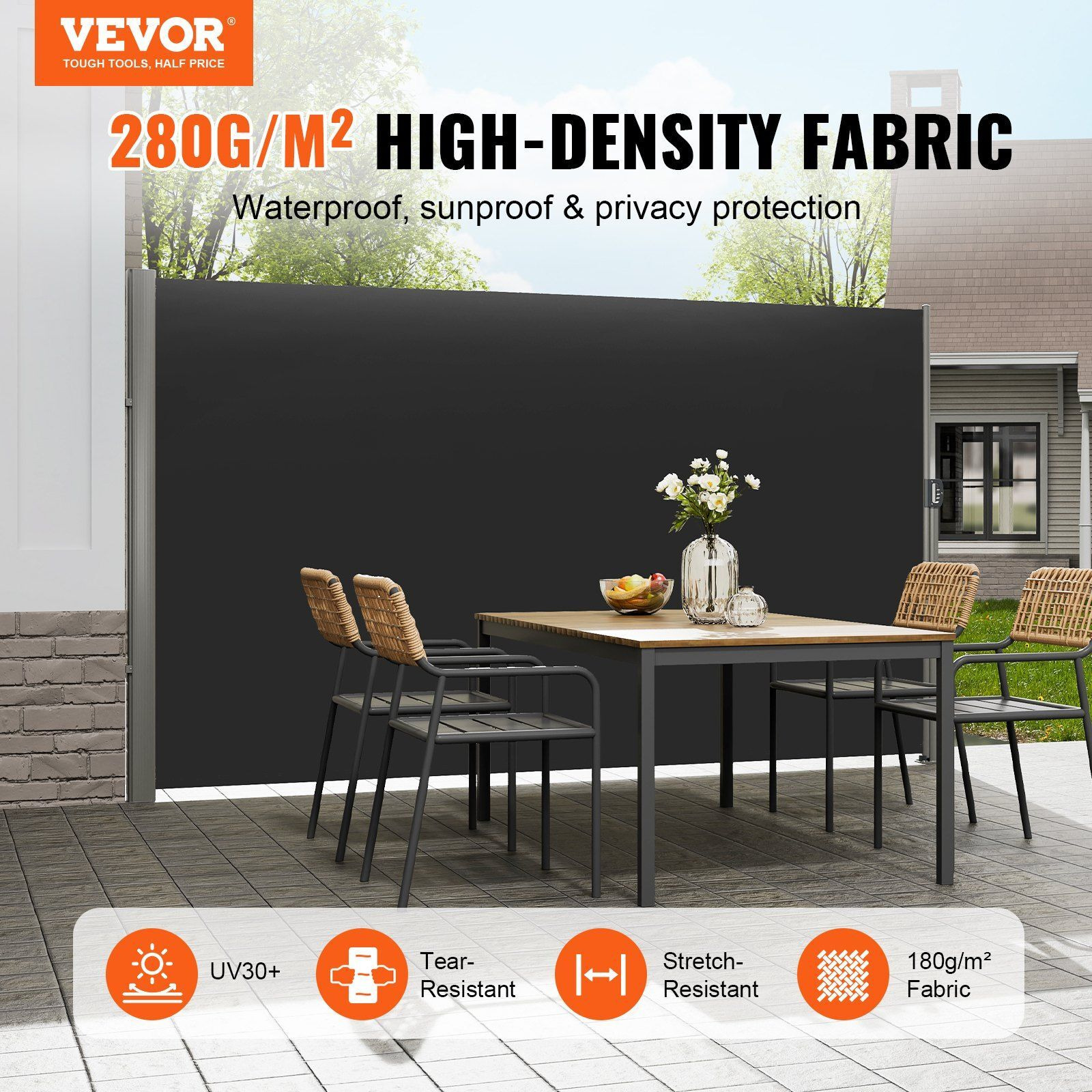 Vevor Retractable Side Awning 118"" X 71""  Retractable Patio Screen Waterproof  Retractable Room Divider Black For Privacy  Garden  Outdoor  Patio And Terrace