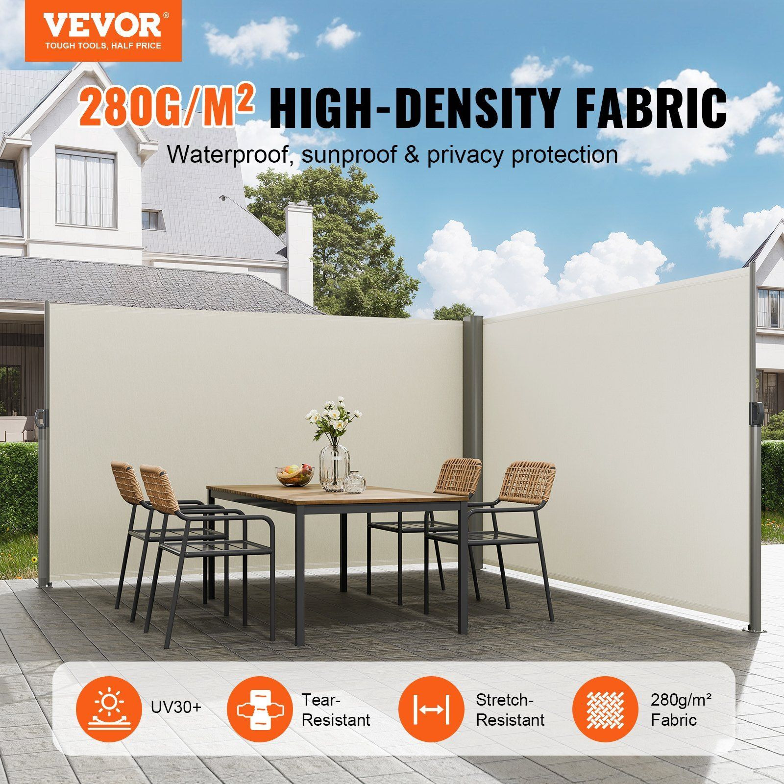 Vevor Beige Retractable Side Awning-Rugged 71X236'' Full Aluminum Rust-Proof Side Awning Patio Sunshine Privacy Divider Wind Screen. Longer Service Life  Suitable For Courtyard  Roof Terraces Pools