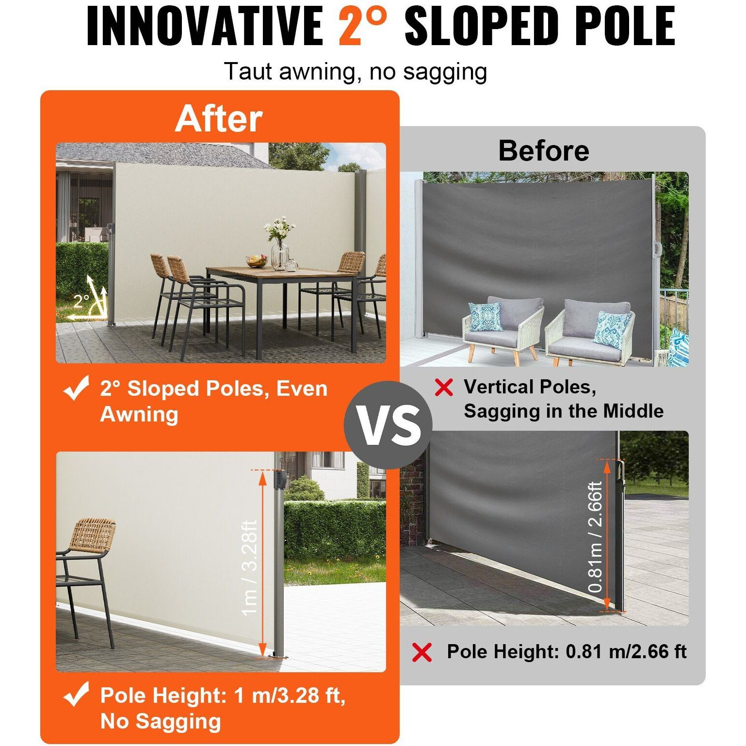 Vevor Beige Retractable Side Awning-Rugged 71X236'' Full Aluminum Rust-Proof Side Awning Patio Sunshine Privacy Divider Wind Screen. Longer Service Life  Suitable For Courtyard  Roof Terraces Pools