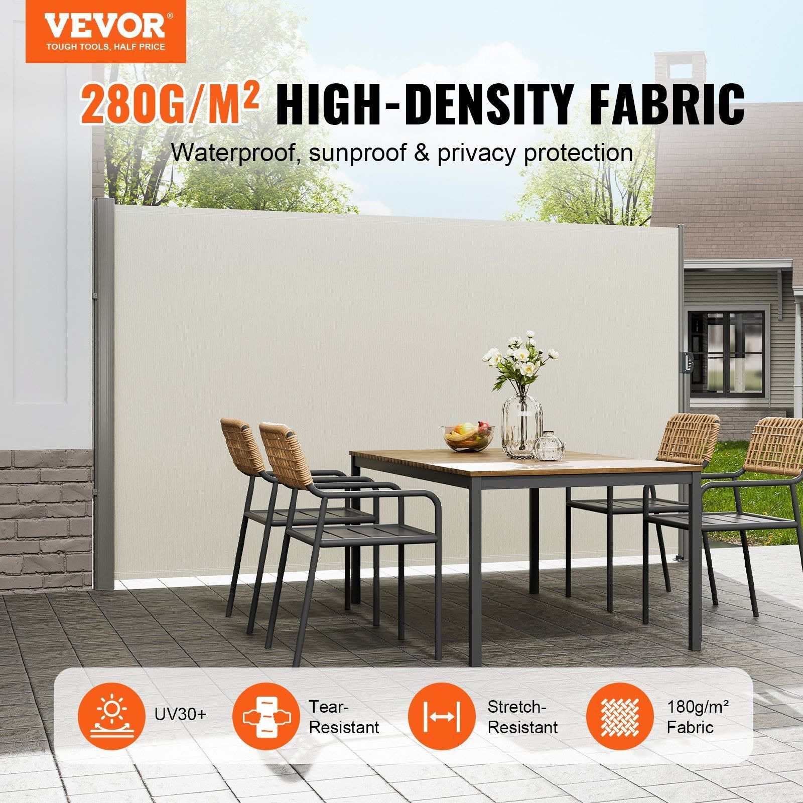 Vevor Beige Retractable 71''*118'' Awning-Rugged Full Aluminum Rust-Proof Patio Sunshine Screen Privacy Divider Wind Screen. Longer Service Life  Suitable For Courtyard  Roof Terraces And Pools