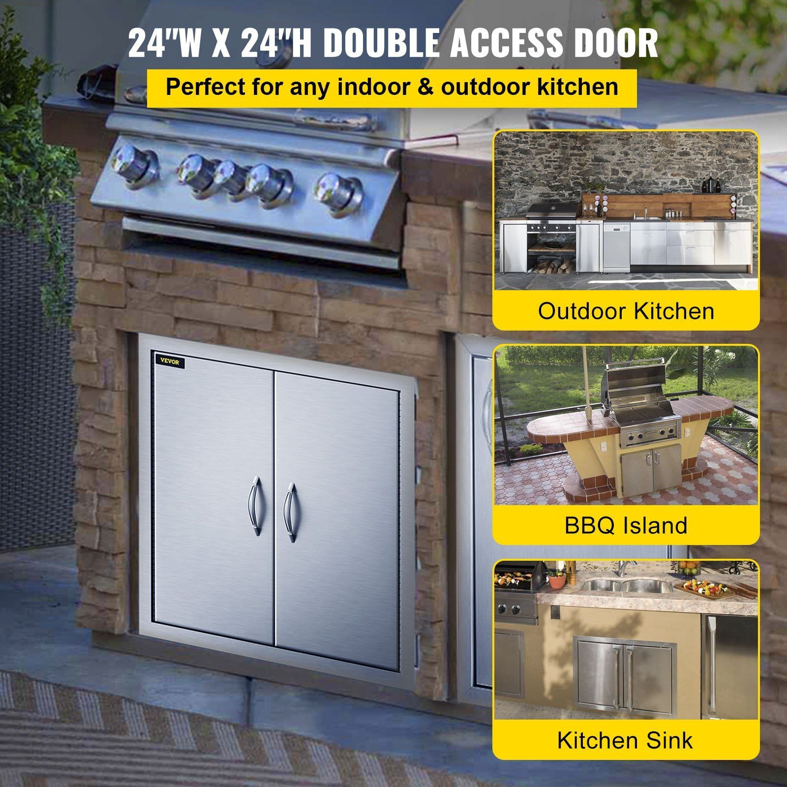 Vevor Bbq Access Door 24W X 24H Inch  Grill Door Double Door Brushed Stainless Steel  Outdoor Kitchen Doors For Bbq Island Grilling Station