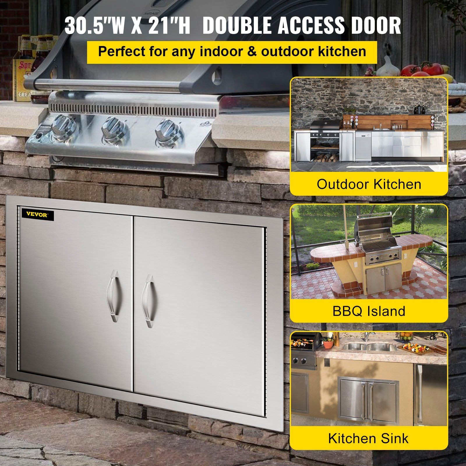 Vevor Outdoor Kitchen Access 30.5"&quotX 21"" Wall Construction Stainless Steel Flush Mount For Bbq Island  30.5Inch X 21Inch  Double Door