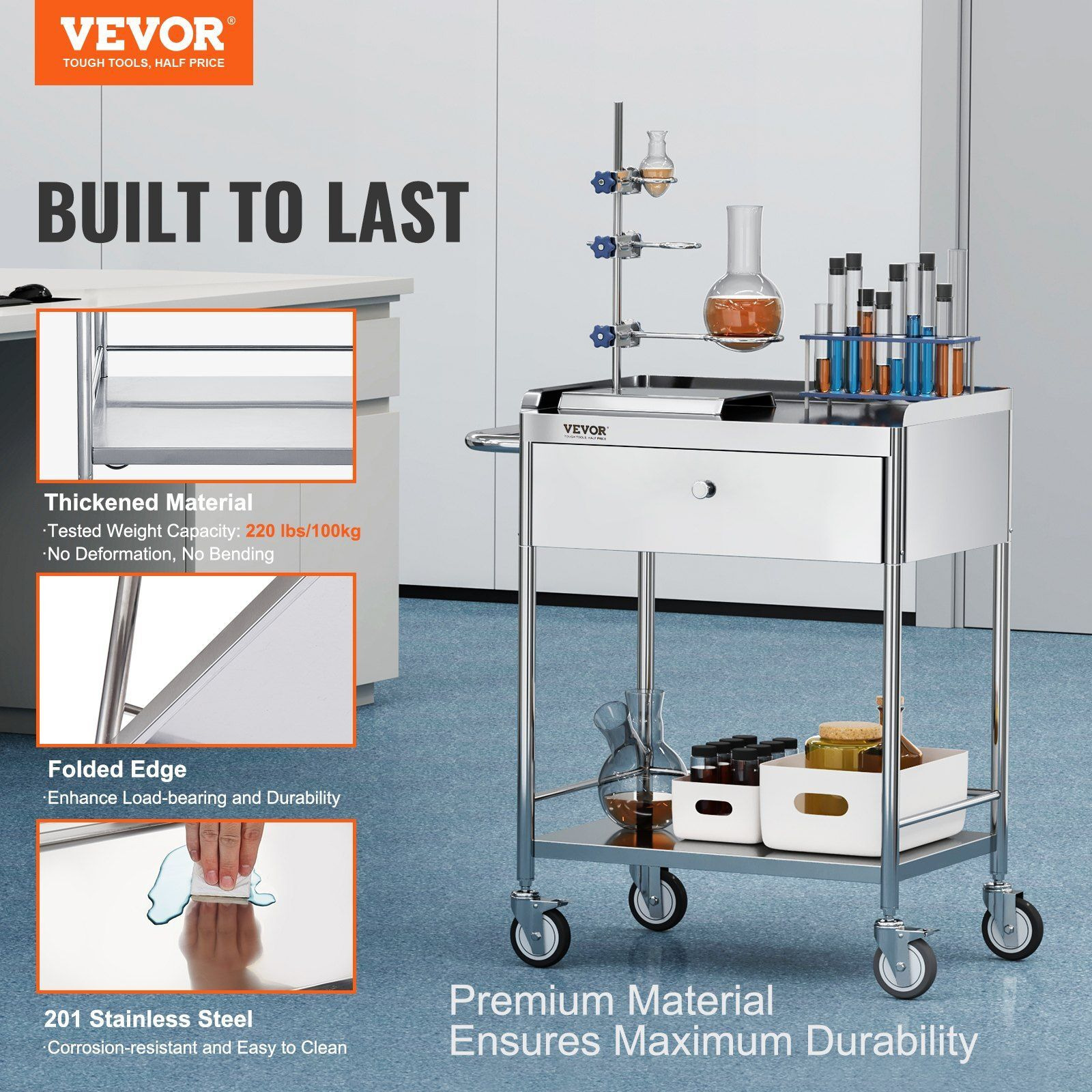 Vevor Medical Cart  2-Layer Stainless Steel Cart 220 Lbs Weight Capacity  Lab Utility Cart With 360 Silent Wheels And A Drawer For Lab  Clinic  Kitchen  Salon