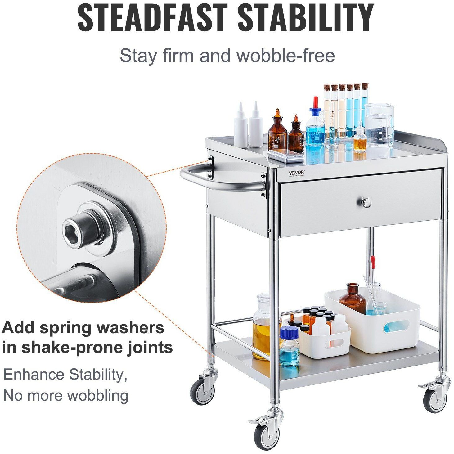 Vevor Medical Cart  2-Layer Stainless Steel Cart 220 Lbs Weight Capacity  Lab Utility Cart With 360 Silent Wheels And A Drawer For Lab  Clinic  Kitchen  Salon