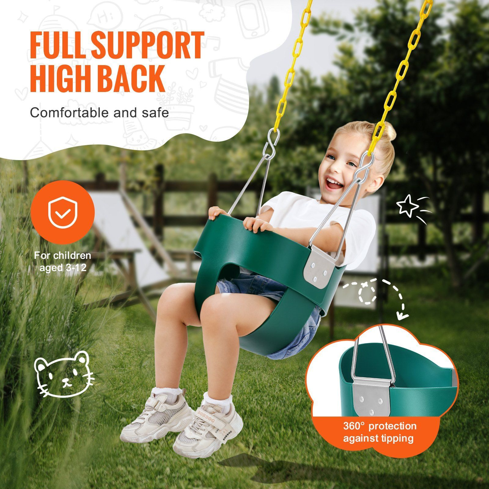 Vevor Toddler Swing Seat High Back Full Bucket Baby Swing Seat Support 150 Lbs