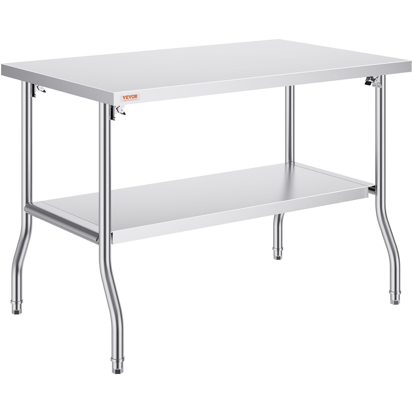 Vevor Commercial Worktable Workstation 48X30 Inch Folding Commercial Prep Table  Double-Shelf Stainless Steel Folding Table  Kitchen Work Table With 772 Lbs Load Silver Stainless Steel Kitchen Island