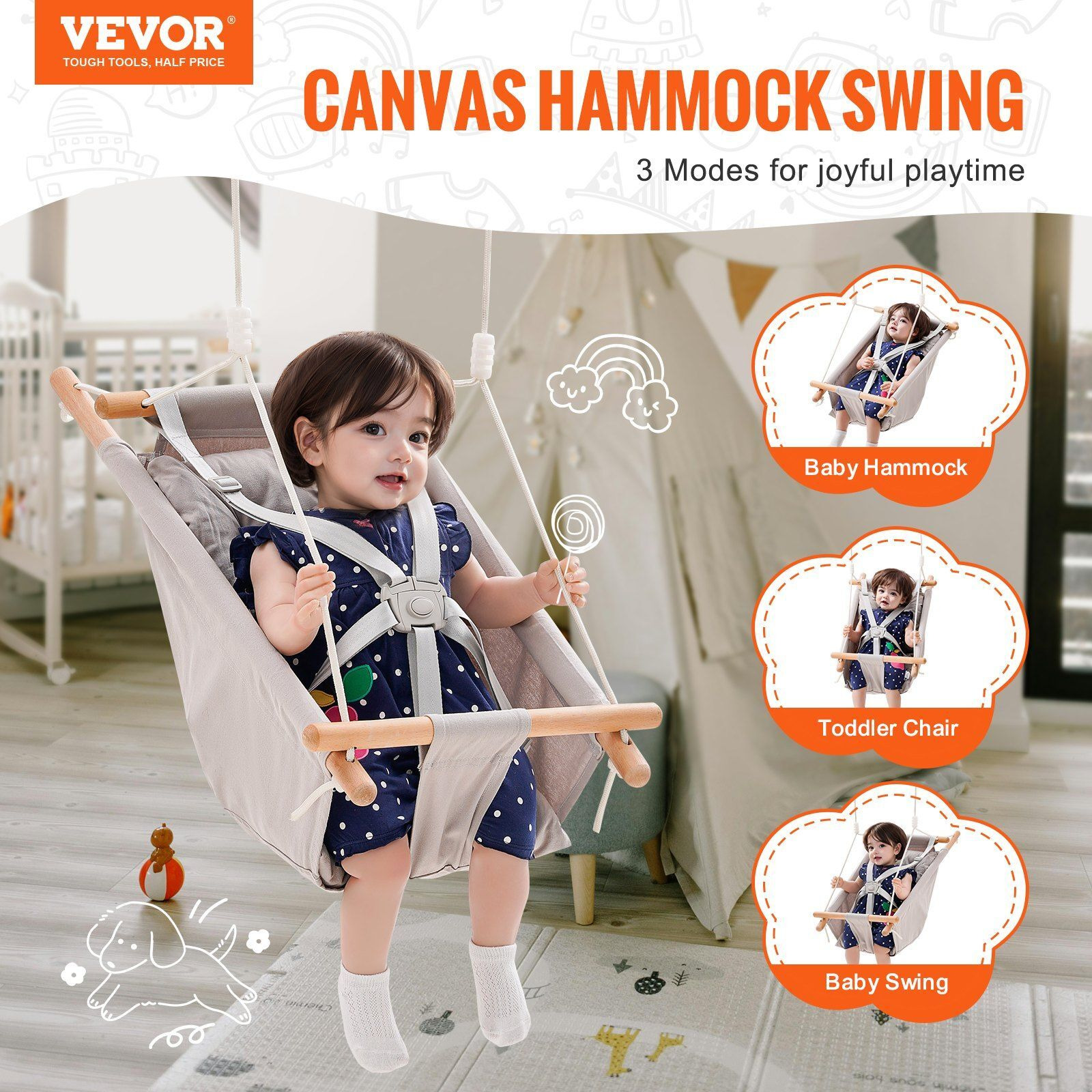 Vevor Canvas Hammock Swing 3 Modes Baby Swing 5-Point Harness Indoor Outdoor
