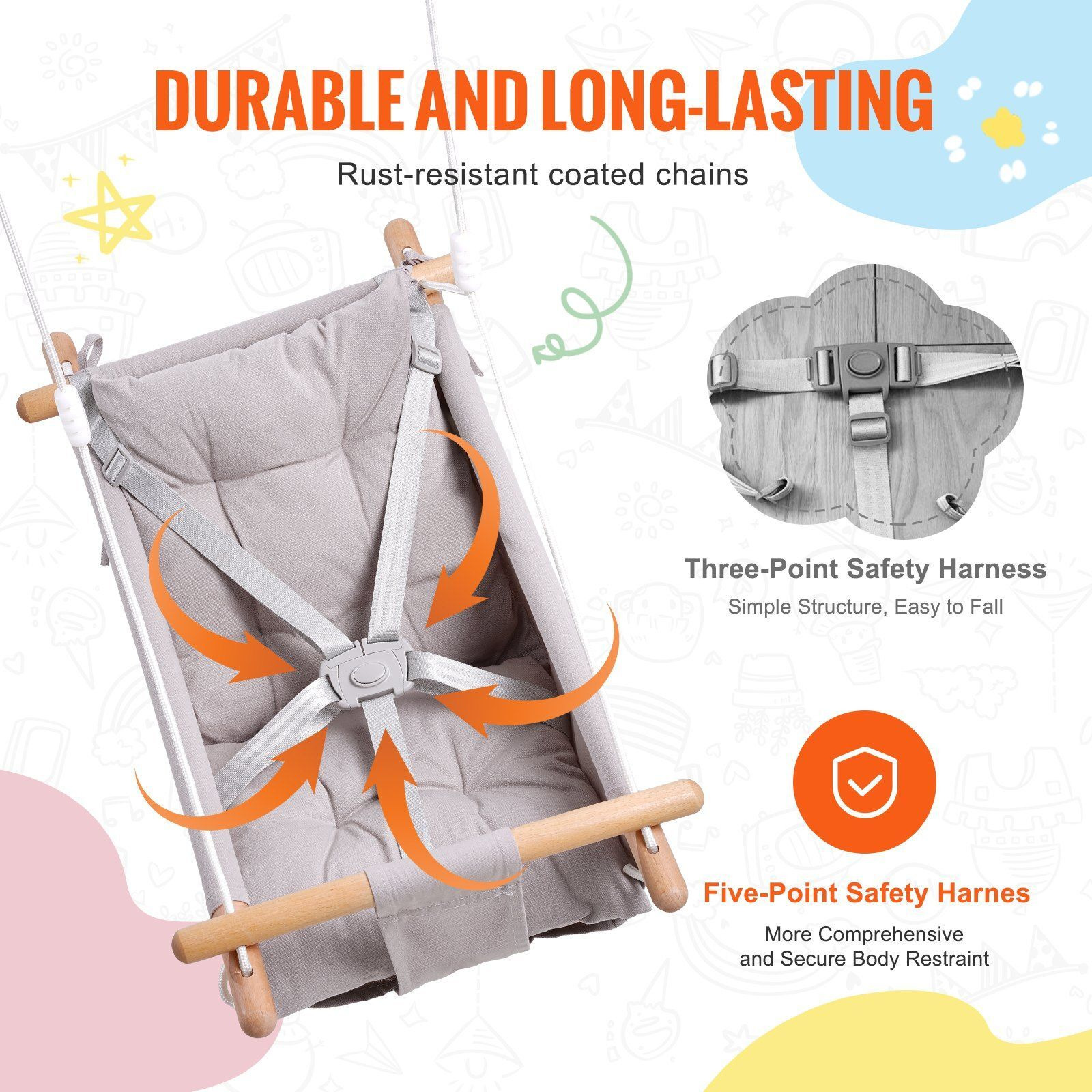 Vevor Canvas Hammock Swing 3 Modes Baby Swing 5-Point Harness Indoor Outdoor