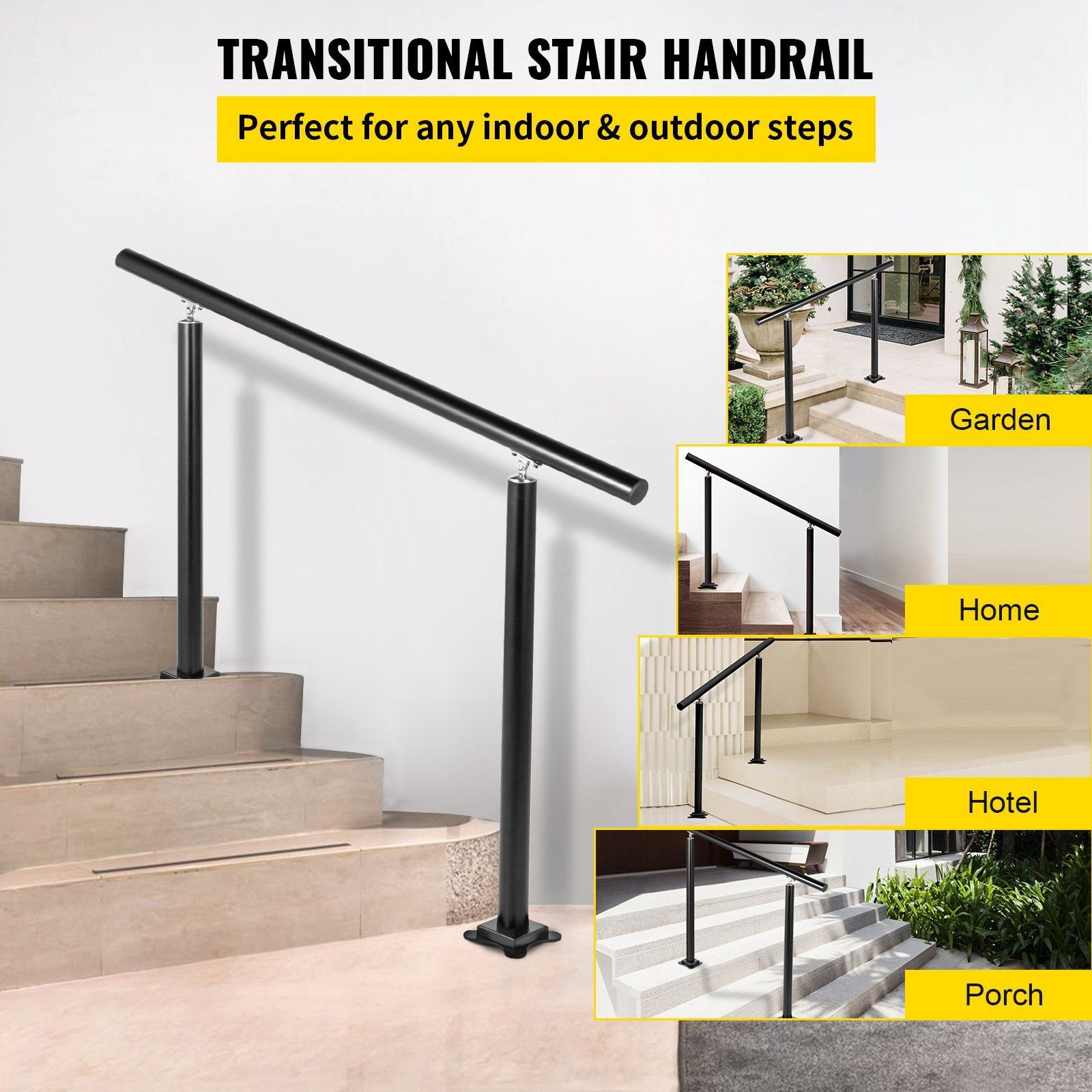 Vevor Outdoor Stair Railing Kit  3 Ft Handrails 1-3 Steps  Adjustable Angle Black Aluminum Stair Hand Rail For The Elderly  Handrails For Outdoor Steps