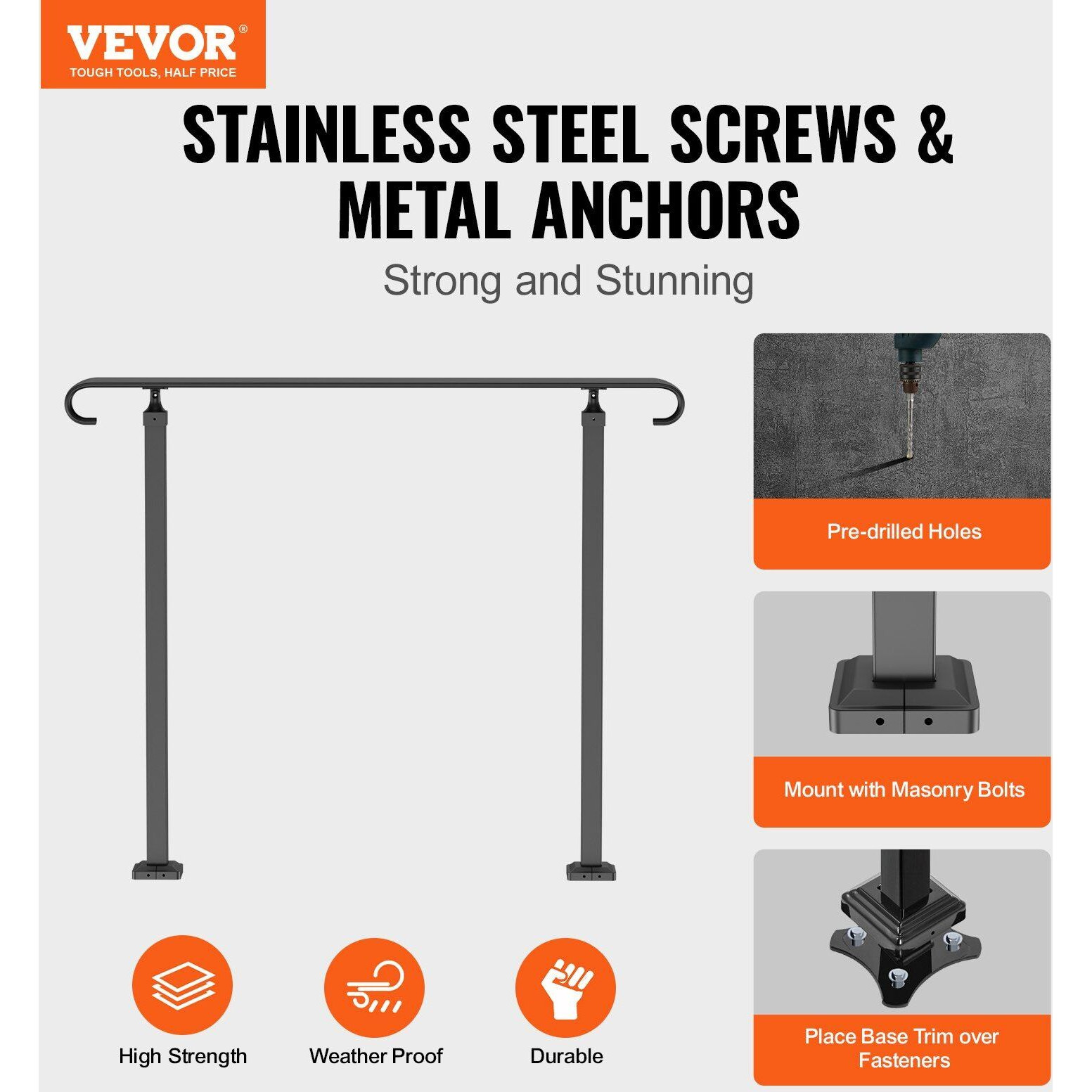 Vevor Handrails For Outdoor Steps  Fit 1-3 Steps Wrought Iron Handrail  Outdoor Stair Railing  Adjustable Front Porch Hand Rail  Black Transitional Hand Railings For Concrete Steps Or Wooden Stairs