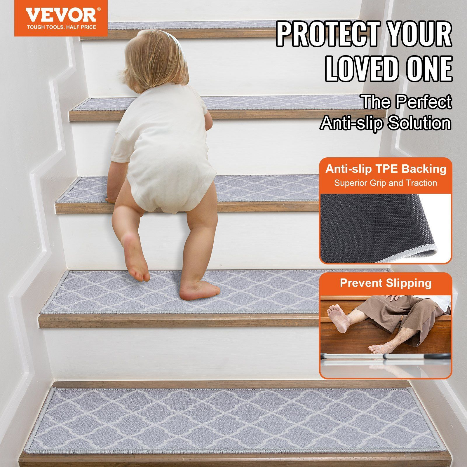 Vevor Stair Treads  Stairs Carpet Non Slip 9"" X 28""  Indoor Stair Runner For Wooden Steps  Anti Slip Carpet Soft Edging Stair Rugs Mats For Kids Elders And Dogs  15 Pcs  Light Gray