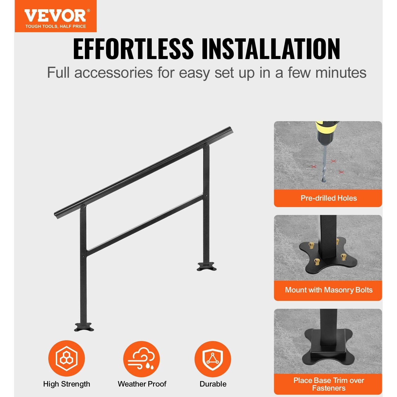 Vevor Handrail Outdoor Stairs 47.6 X 35.2 Inch Outdoor Handrail Outdoor Stair Railing Adjustable From 0 To 30 Degrees Handrail For Stairs Outdoor Aluminum Black Stair Railing Fit 3-4 Steps