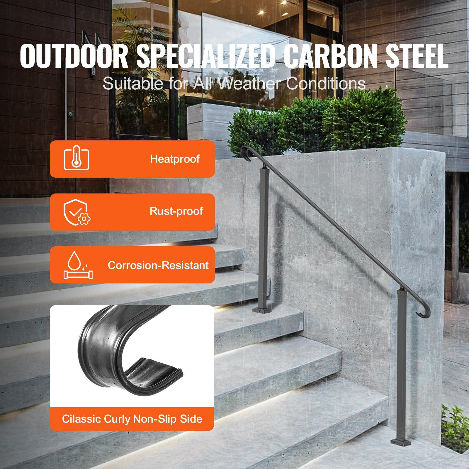 Vevor Handrails For Outdoor Steps  Fit 3-5 Steps Outdoor Stair Railing  Wrought Iron Handrail  Flexible Front Porch Hand Rail  Black Transitional Hand Railings For Concrete Steps Or Wooden Stairs