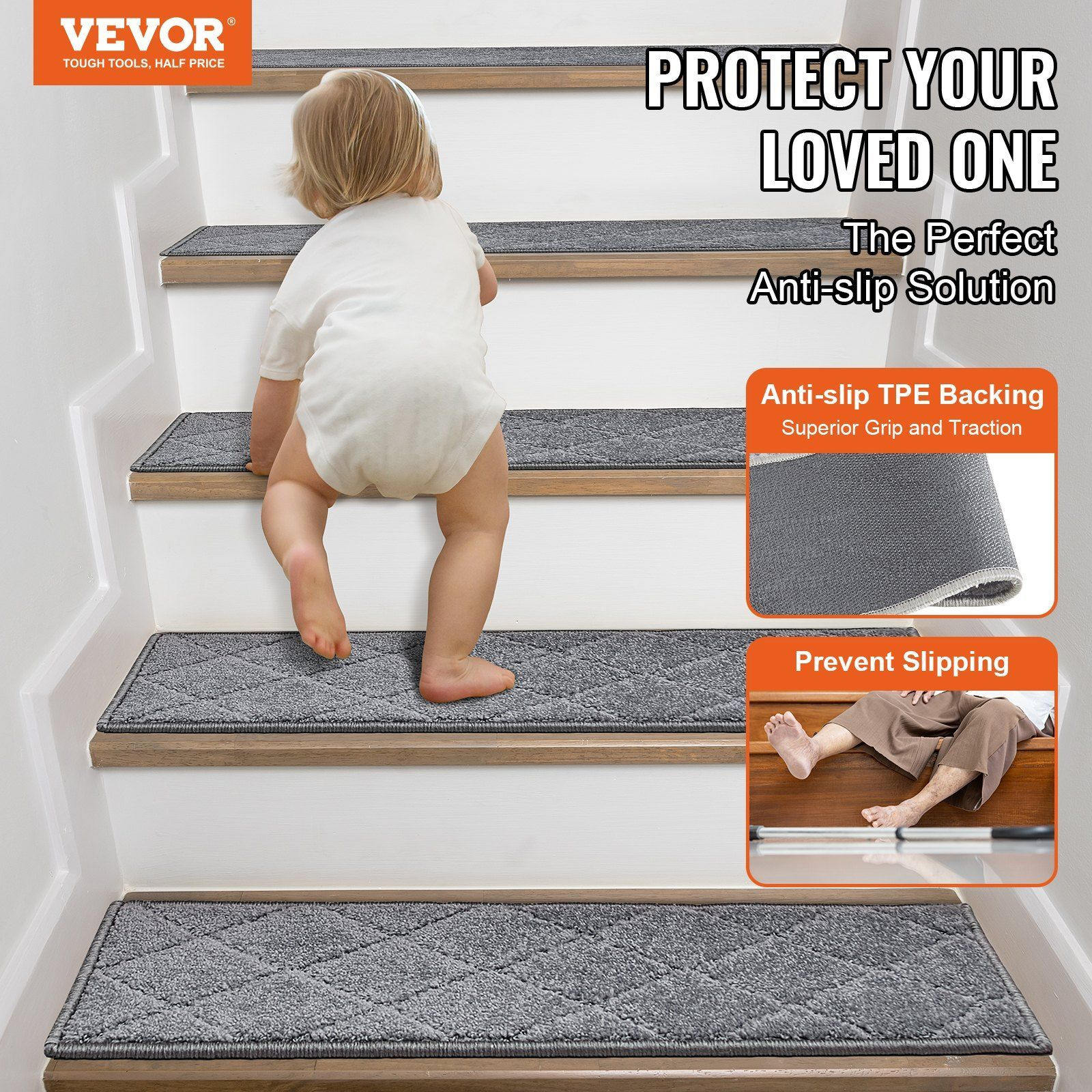 Vevor Stair Treads  Stairs Carpet Non Slip 9"" X 28""  Indoor Stair Runner For Wooden Steps  Anti Slip Carpet Soft Edging Stair Rugs Mats For Kids Elders And Dogs  15 Pcs  Gray