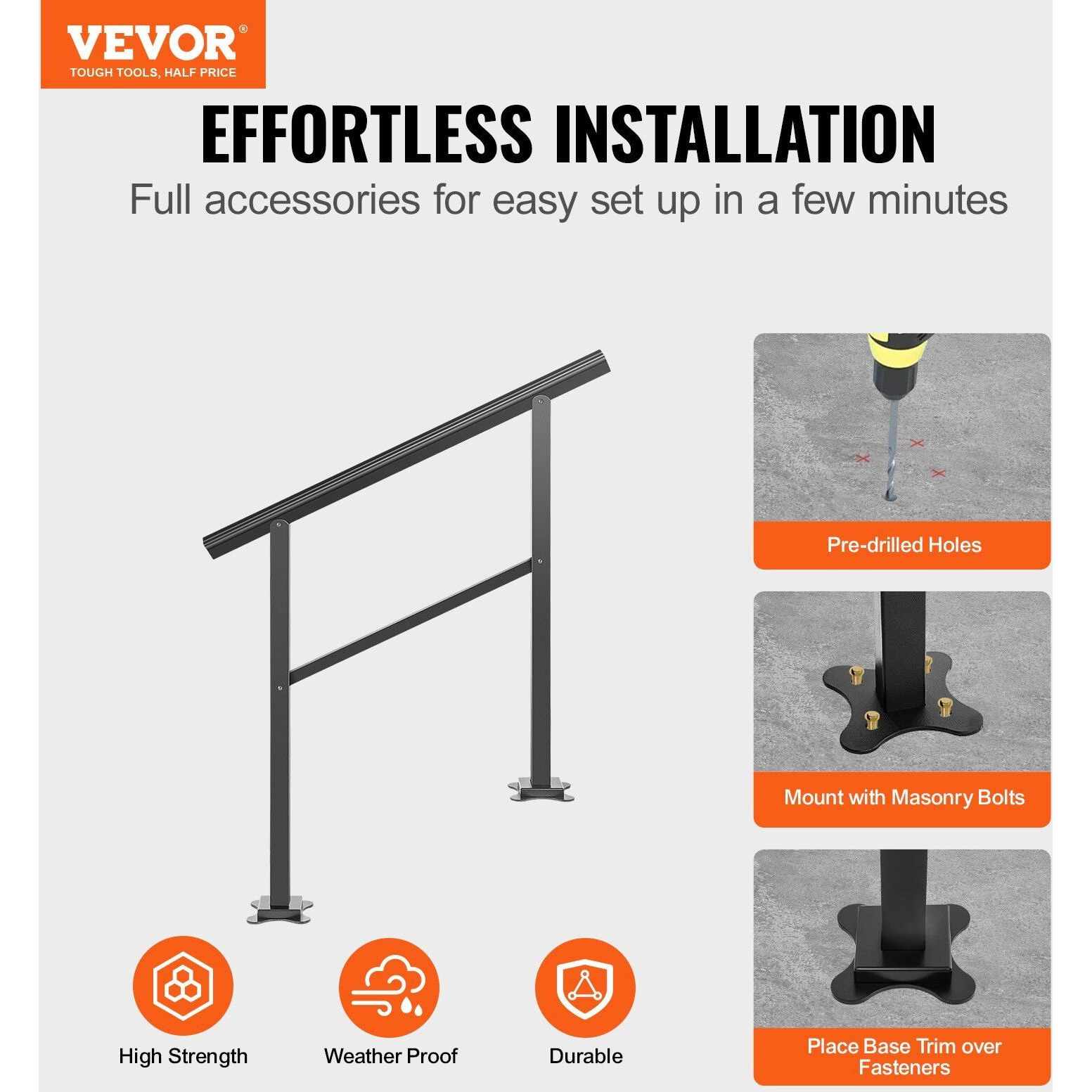 Vevor Outdoor Handrail 165Lbs Load Handrail Outdoor Stairs Aluminum Stair Handrail 36 X 35"" Outdoor Stair Railing Transitional Range From 0 To 30 Staircase Handrail Fits 2-3 Steps With Screw Kit