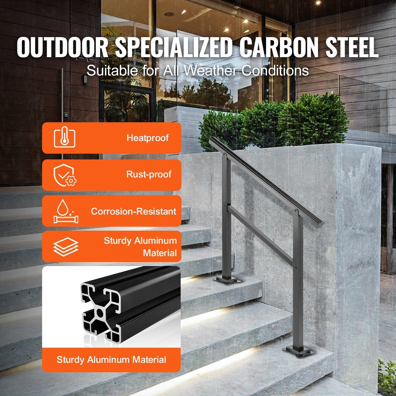 Vevor Outdoor Handrail 165Lbs Load Handrail Outdoor Stairs Aluminum Stair Handrail 36 X 35"" Outdoor Stair Railing Transitional Range From 0 To 30 Staircase Handrail Fits 2-3 Steps With Screw Kit