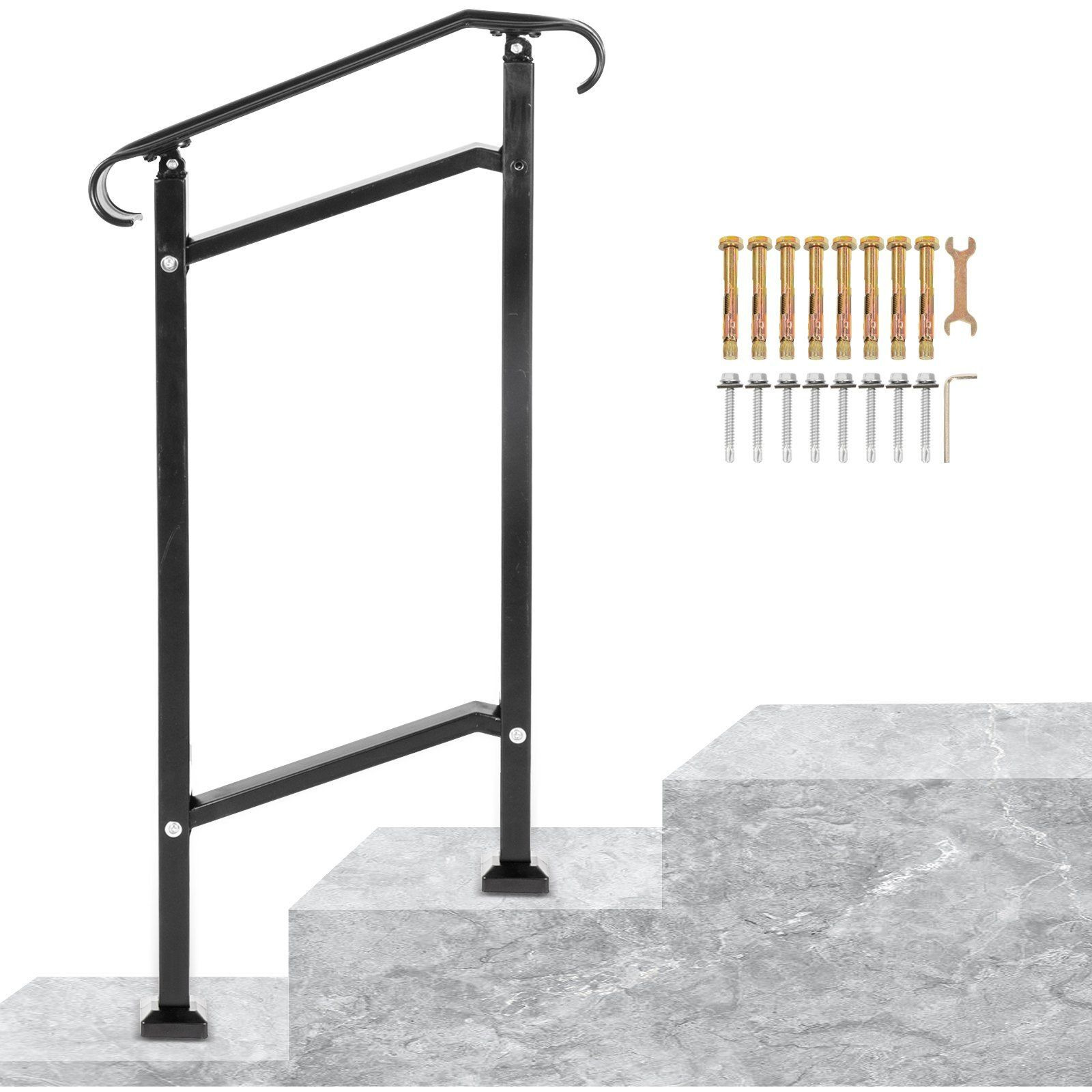 Vevor Outdoor Stair Railing  Fit 1 Or 2 Steps Wrought Iron Handrail  Adjustable Front Porch Hand Railings  Black Transitional Hand Rail For Concrete Steps Or Wooden Stairs With Installation Kit
