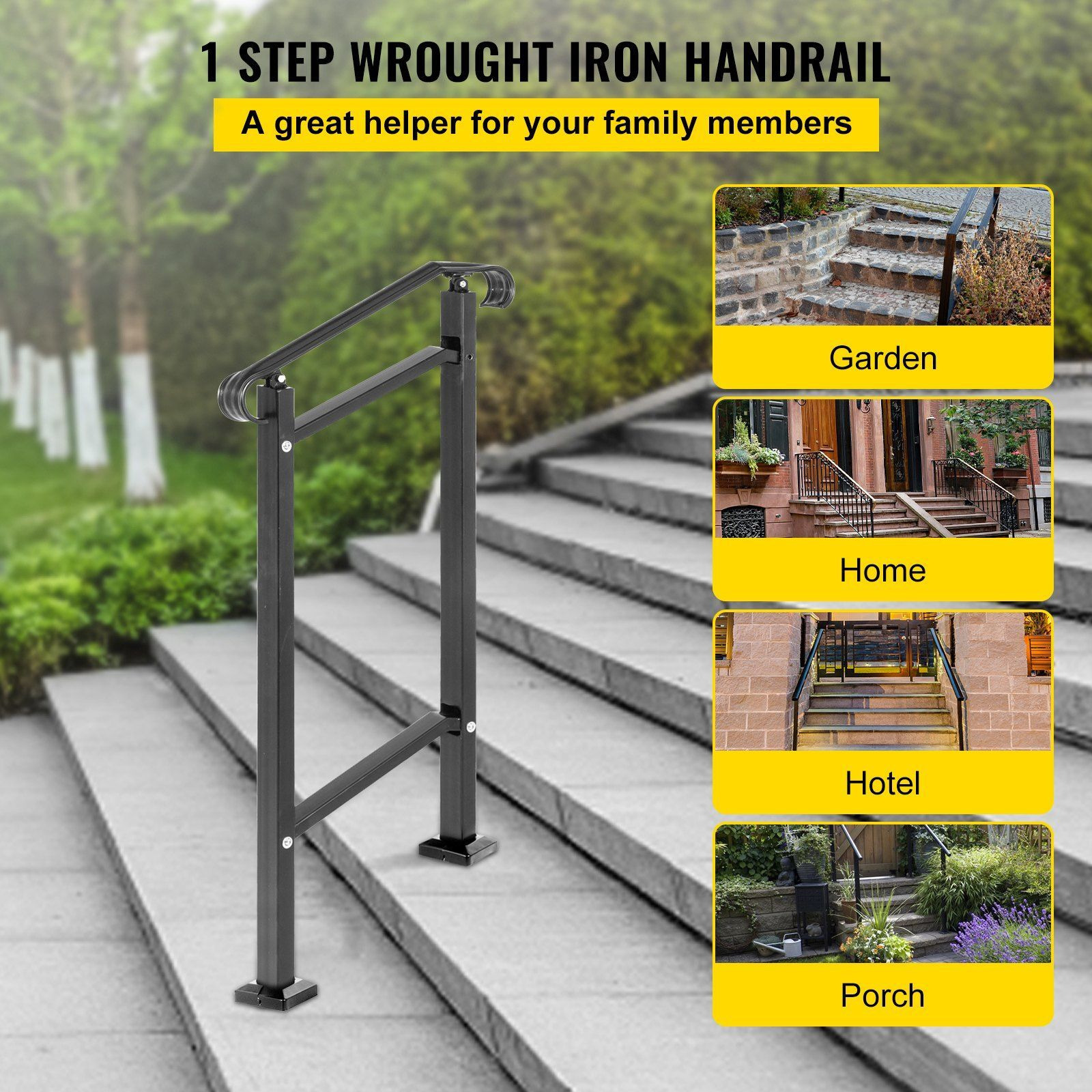 Vevor Outdoor Stair Railing  Fit 1 Or 2 Steps Wrought Iron Handrail  Adjustable Front Porch Hand Railings  Black Transitional Hand Rail For Concrete Steps Or Wooden Stairs With Installation Kit