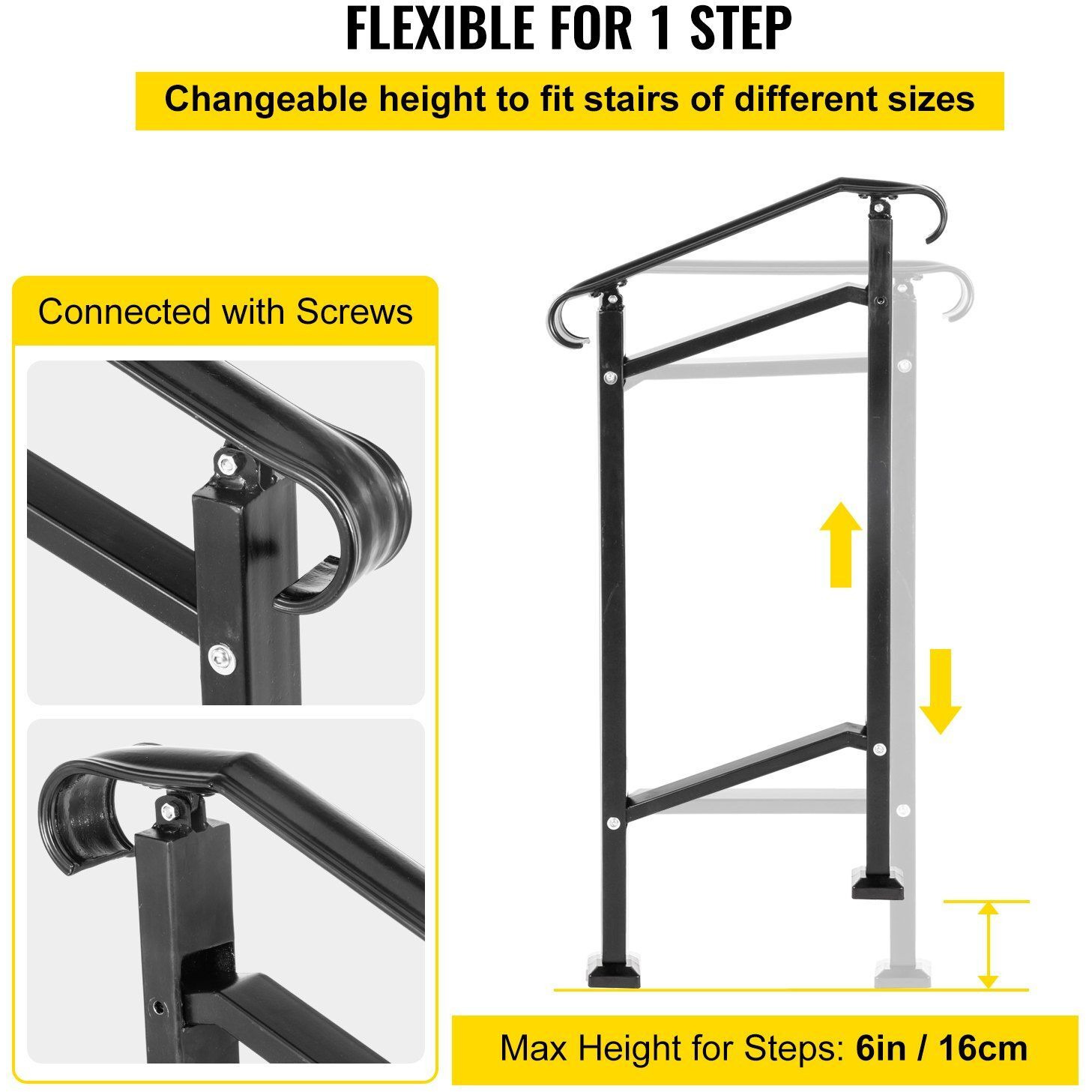 Vevor Outdoor Stair Railing  Fit 1 Or 2 Steps Wrought Iron Handrail  Adjustable Front Porch Hand Railings  Black Transitional Hand Rail For Concrete Steps Or Wooden Stairs With Installation Kit