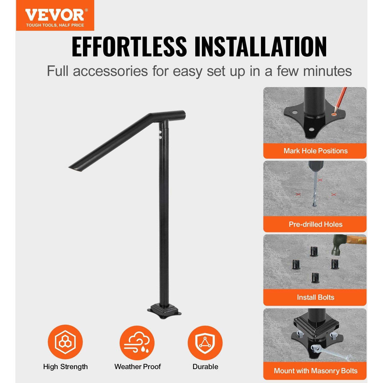 Vevor 3Ft Step Railing  Iron Stair Handrail Floor Mounted Sturdy Black Arched Handrails For Outdoor Indoor Steps Fits 2 To 3 Steps