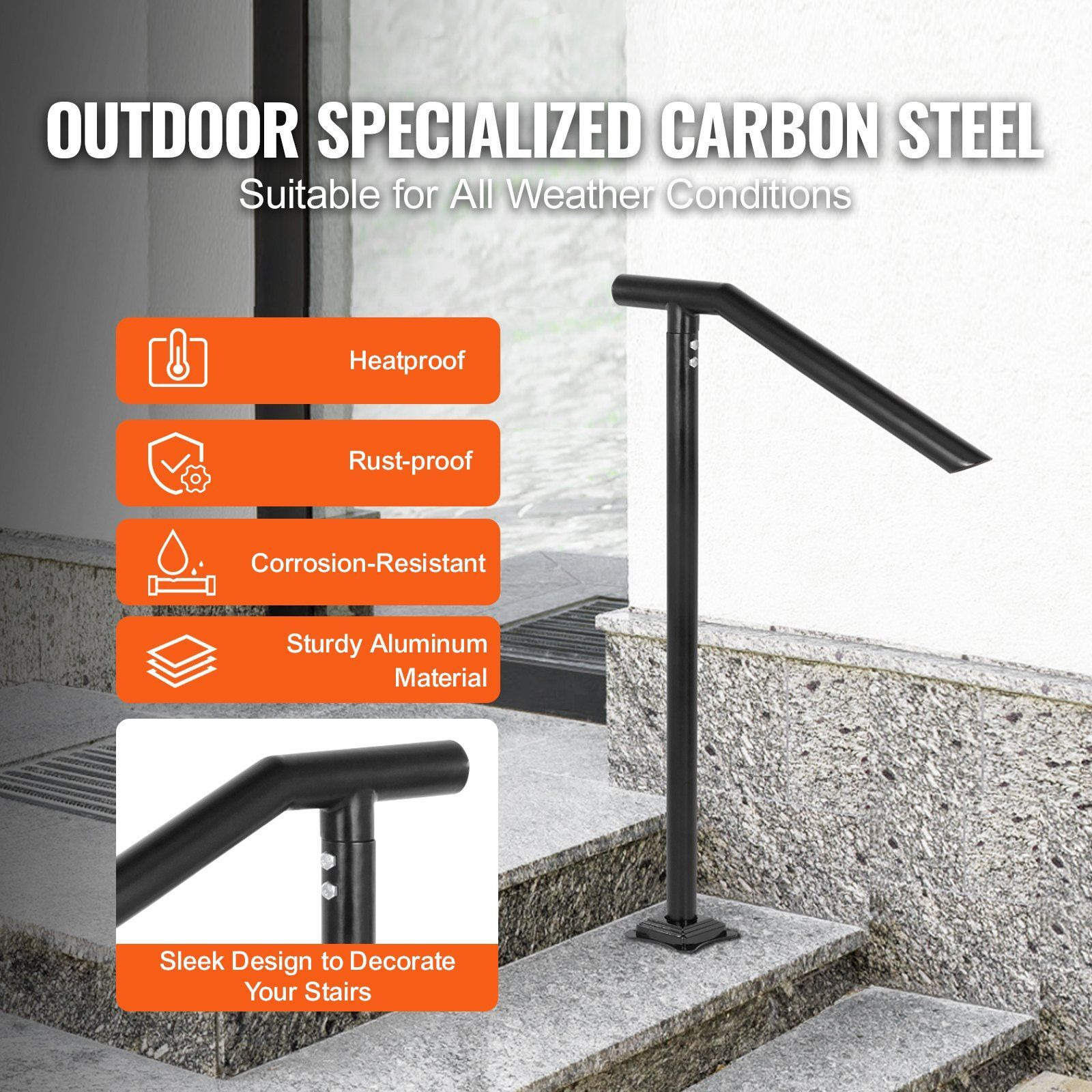 Vevor 3Ft Step Railing  Iron Stair Handrail Floor Mounted Sturdy Black Arched Handrails For Outdoor Indoor Steps Fits 2 To 3 Steps