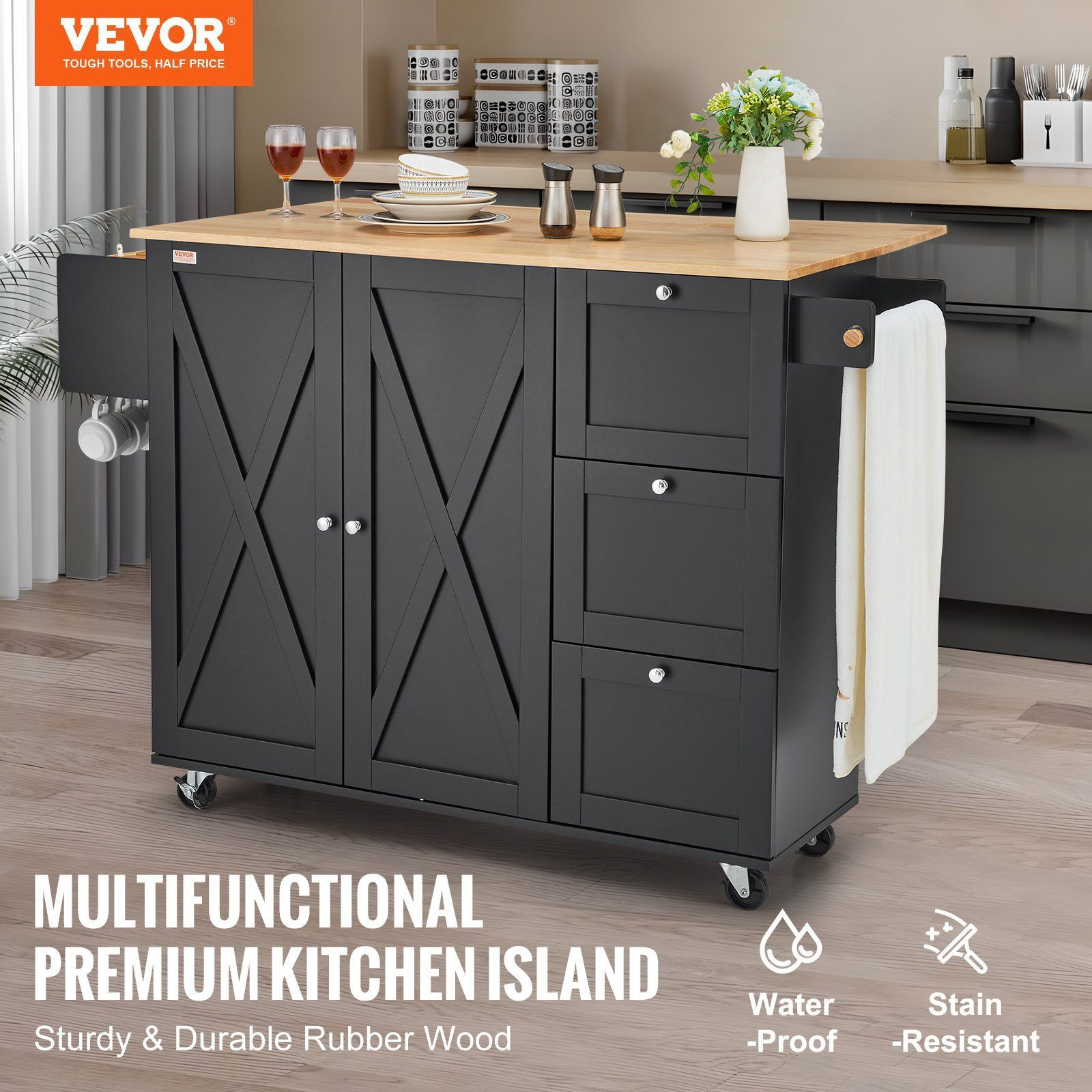Vevor Kitchen Island Cart Rolling Storage Cabinet On Wheel With Drawer & Shelves