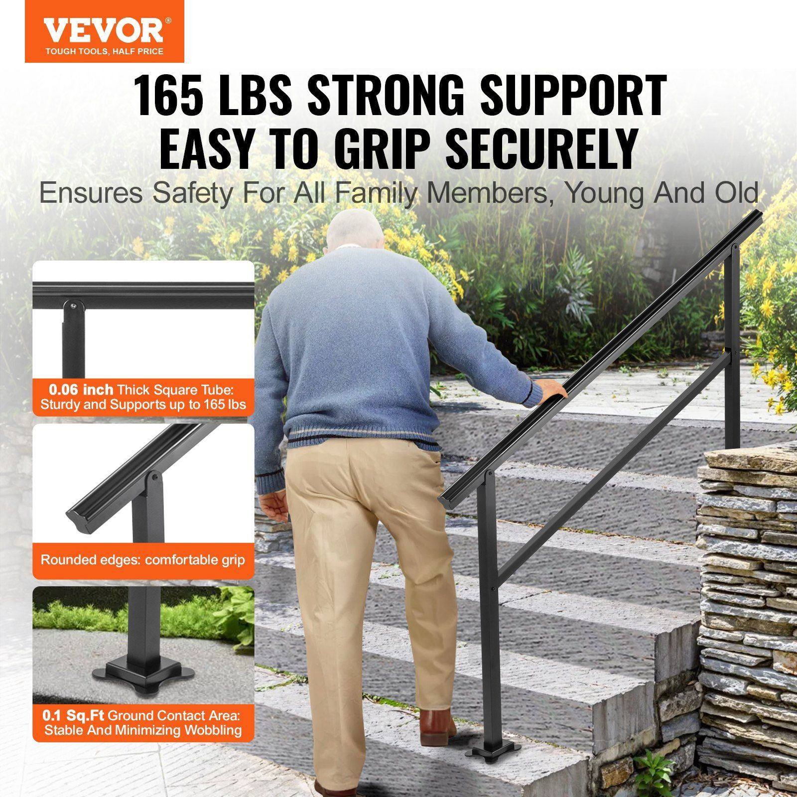 Vevor Outdoor Handrail 165Lbs Load Handrail Outdoor Stairs Aluminum Stair Handrail 60 X 35"" Outdoor Stair Railing Transitional Range From 0 To 30 Staircase Handrail Fits 4-5 Steps With Screw Kit