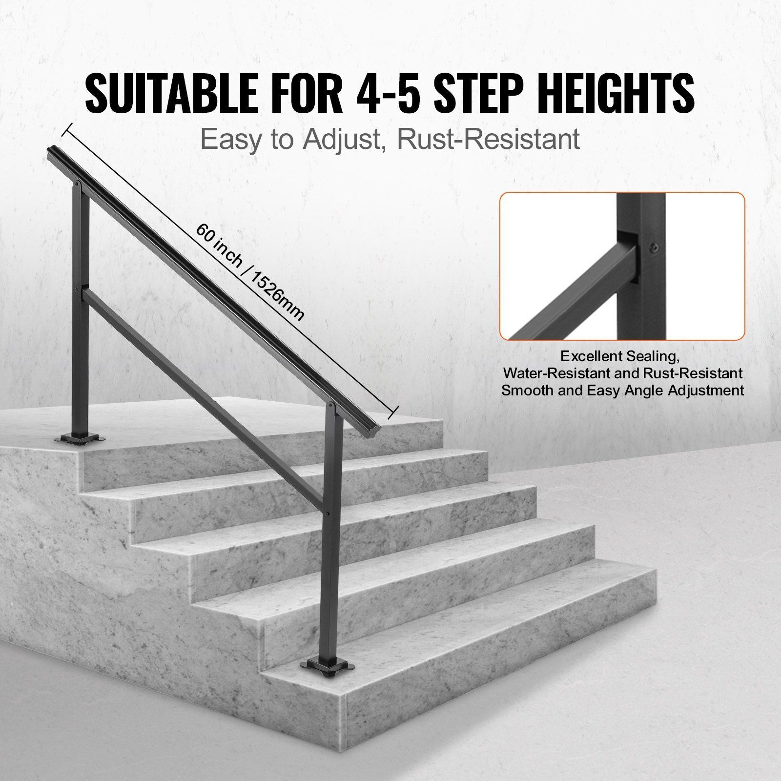 Vevor Outdoor Handrail 165Lbs Load Handrail Outdoor Stairs Aluminum Stair Handrail 60 X 35"" Outdoor Stair Railing Transitional Range From 0 To 30 Staircase Handrail Fits 4-5 Steps With Screw Kit