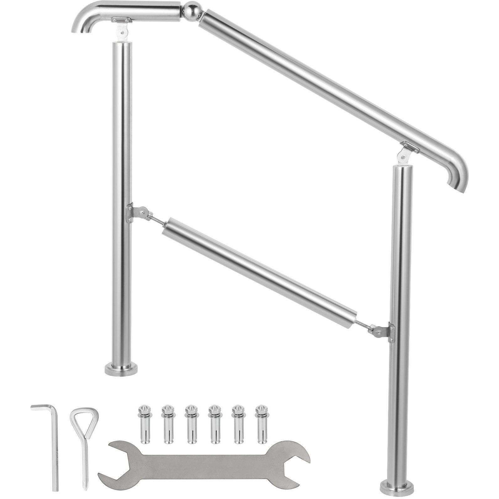 Vevor Stainless Steel Transitional Handrail Fit For Level Surface And 2 To 3 Adjustable Stair Indoor Outdoor Step Railings 441Lb Capacity W/Installation Kit Porch Diy  Silver