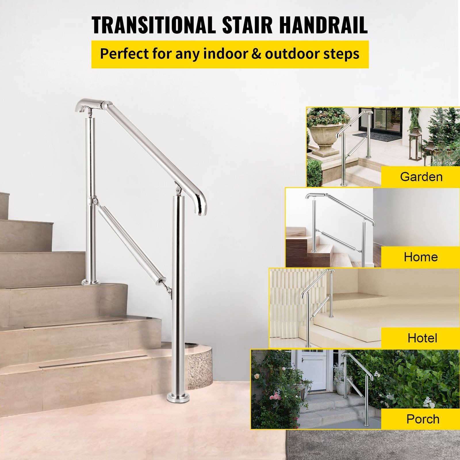 Vevor Stainless Steel Transitional Handrail Fit For Level Surface And 2 To 3 Adjustable Stair Indoor Outdoor Step Railings 441Lb Capacity W/Installation Kit Porch Diy  Silver