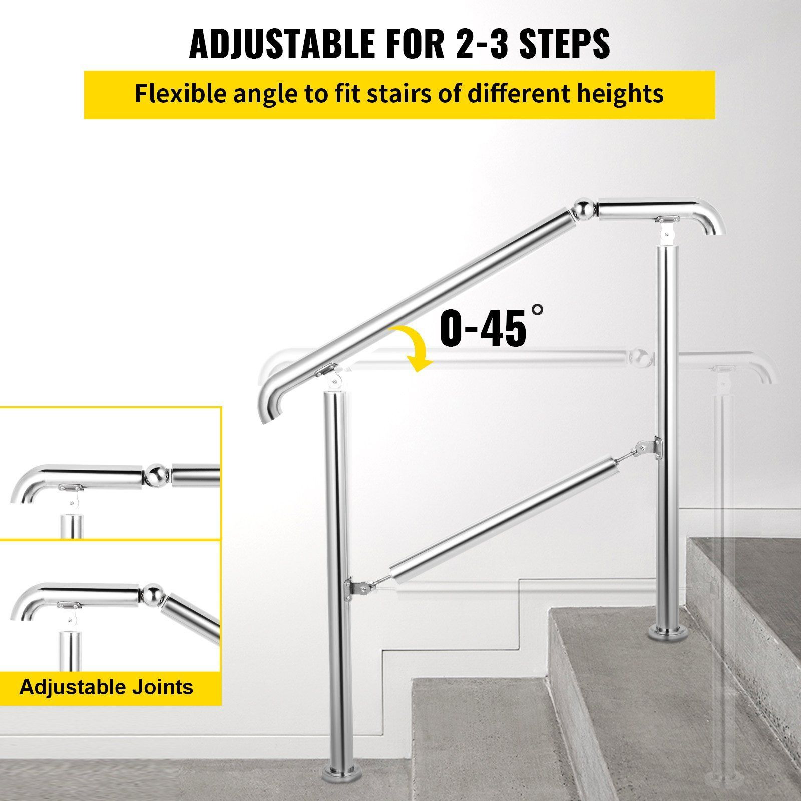 Vevor Stainless Steel Transitional Handrail Fit For Level Surface And 2 To 3 Adjustable Stair Indoor Outdoor Step Railings 441Lb Capacity W/Installation Kit Porch Diy  Silver