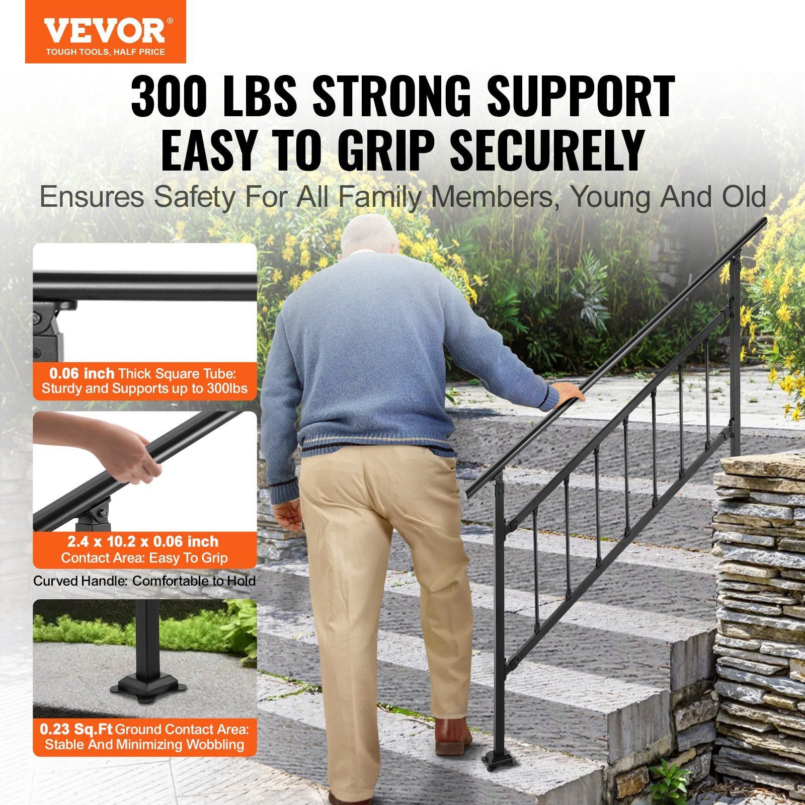 Vevor Outdoor Stair Railing  Fits For 1-5 Steps Transitional Wrought Iron Handrail  Adjustable Exterior Stair Railing With Fence  Handrails For Concrete Steps With Installation Kit  Matte Black