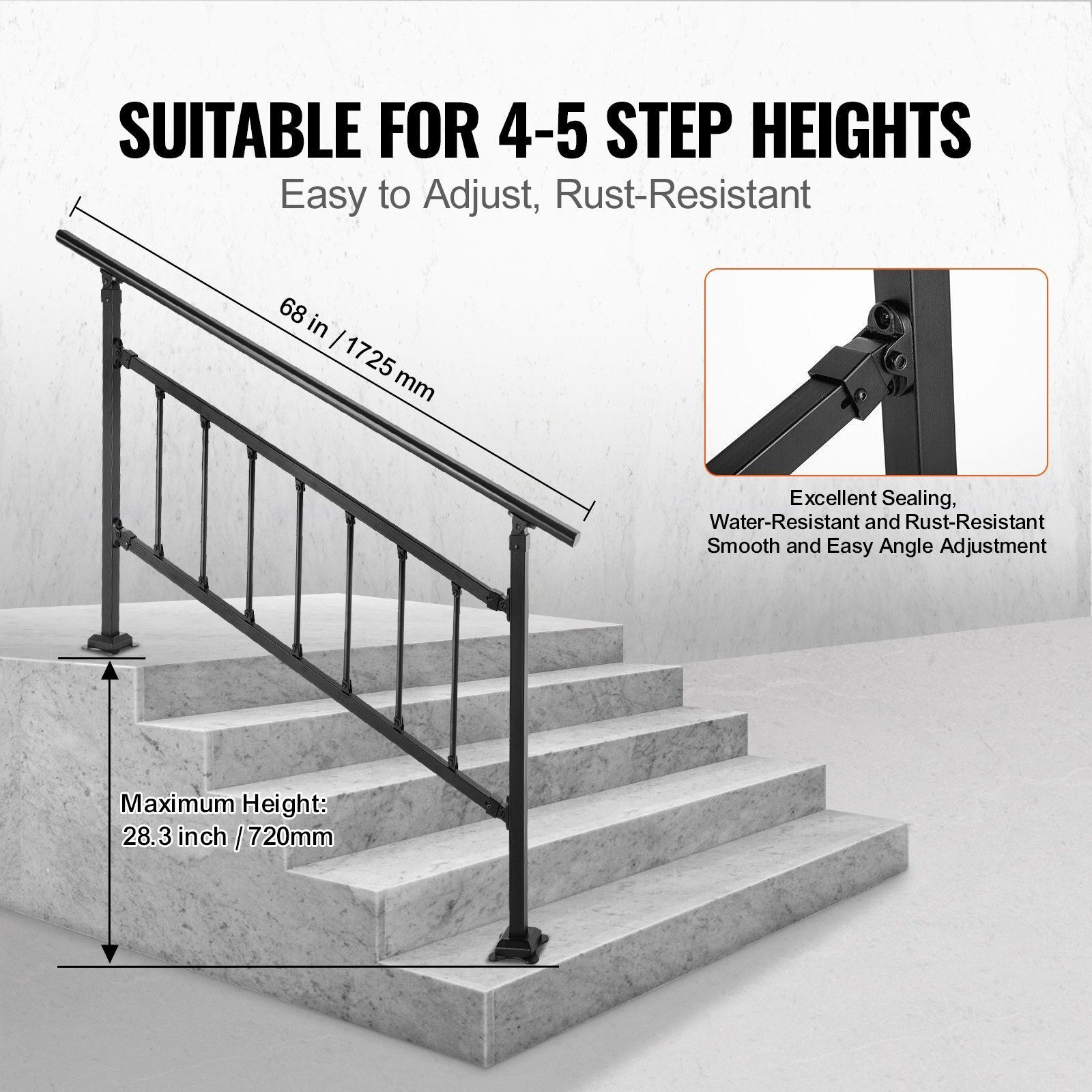 Vevor Outdoor Stair Railing  Fits For 1-5 Steps Transitional Wrought Iron Handrail  Adjustable Exterior Stair Railing With Fence  Handrails For Concrete Steps With Installation Kit  Matte Black