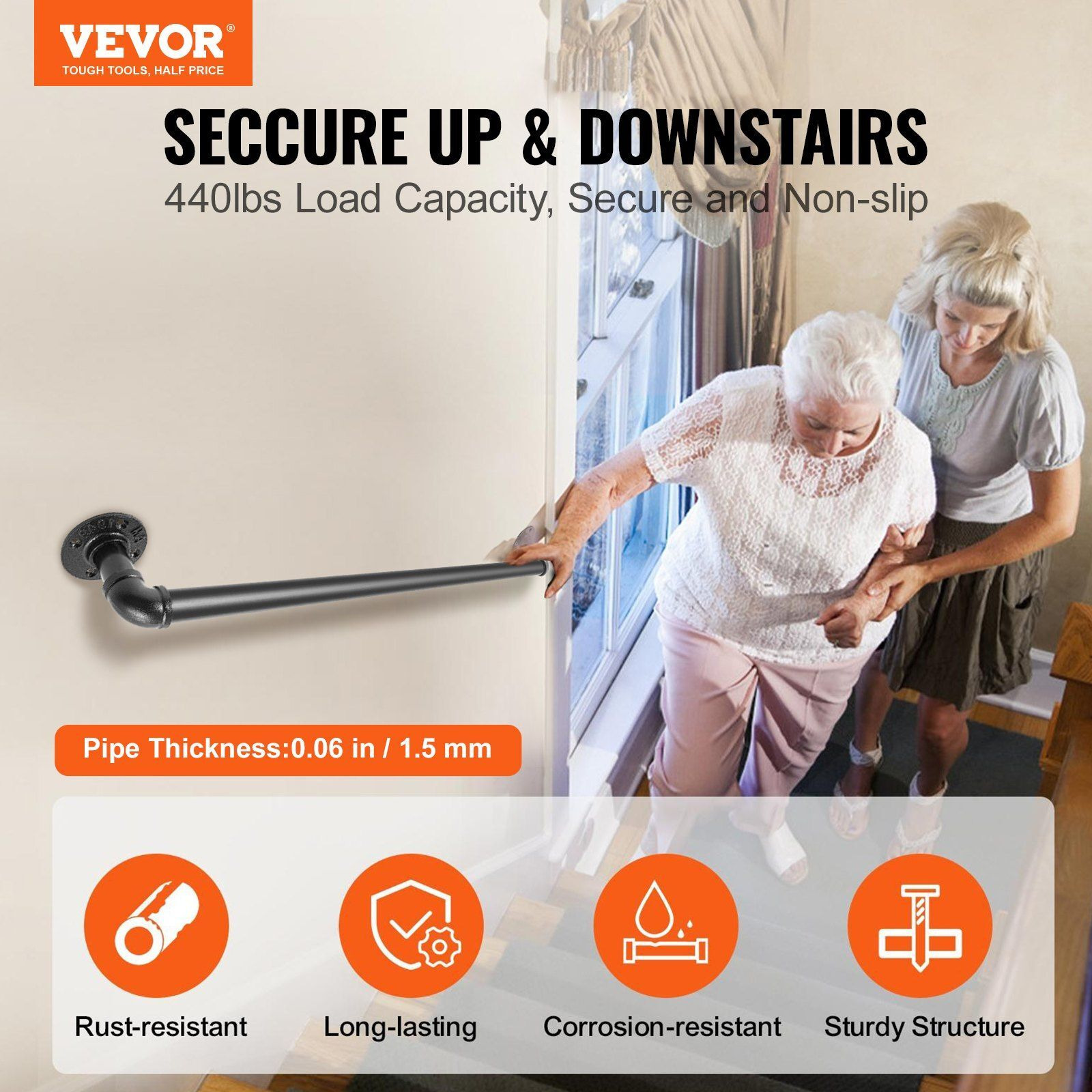Vevor Pipe Stair Handrail  3Ft Staircase Handrail  440Lbs Load Capacity Carbon Steel Pipe Handrail  Industrial Pipe Handrail With Wall Mount Support  Round Corner Wall Handrailings For Indoor  Outdoor