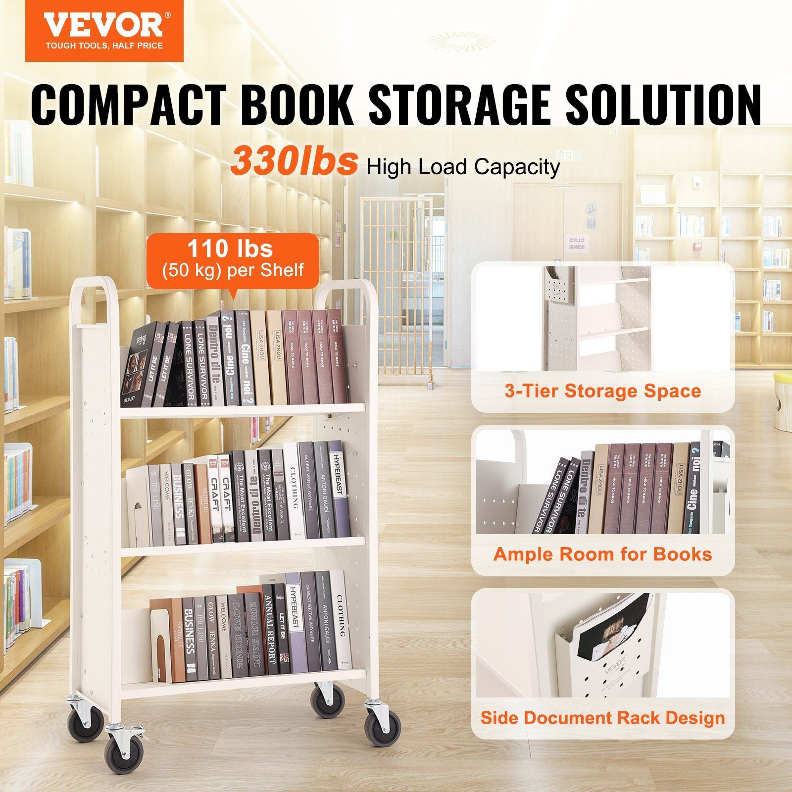 Vevor Book Cart  330 Lbs Library Cart  31.1"" X 15.2"" X 49.2"" Rolling Book Cart  Single Sided V-Shaped Sloped Shelves With 4-Inch Lockable Wheels For Home Shelves Office And School  Book Truck In White