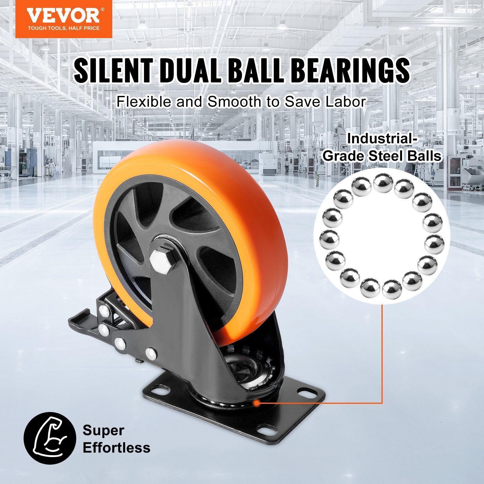 Vevor Caster Wheels  5-Inch Swivel Plate Casters  Set Of 4  With Security A/B Locking No Noise Pvc Wheels  Heavy Duty 450 Lbs Load Capacity Per Caster  Non-Marking Wheels For Cart Furniture Workbench