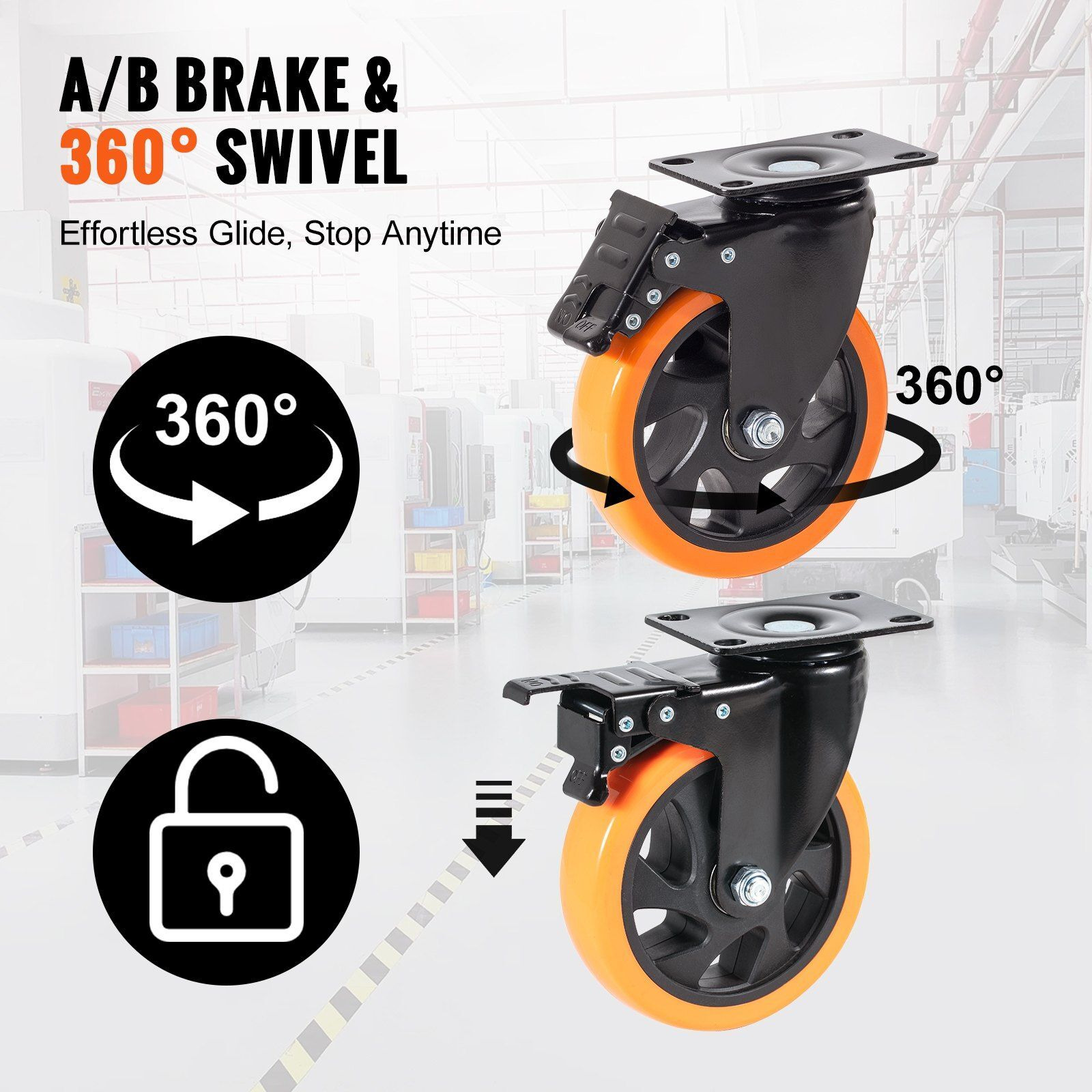 Vevor Caster Wheels  5-Inch Swivel Plate Casters  Set Of 4  With Security A/B Locking No Noise Pvc Wheels  Heavy Duty 450 Lbs Load Capacity Per Caster  Non-Marking Wheels For Cart Furniture Workbench
