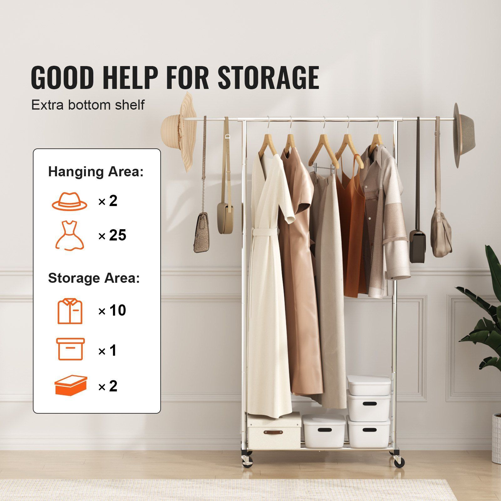 Vevor Clothes Rack With Wheels  Heavy Duty Clothing Garment Rack With Hanging Rod And Bottom Storage Area  Adjustable Length Clothing Rack  2 Lockable Wheels