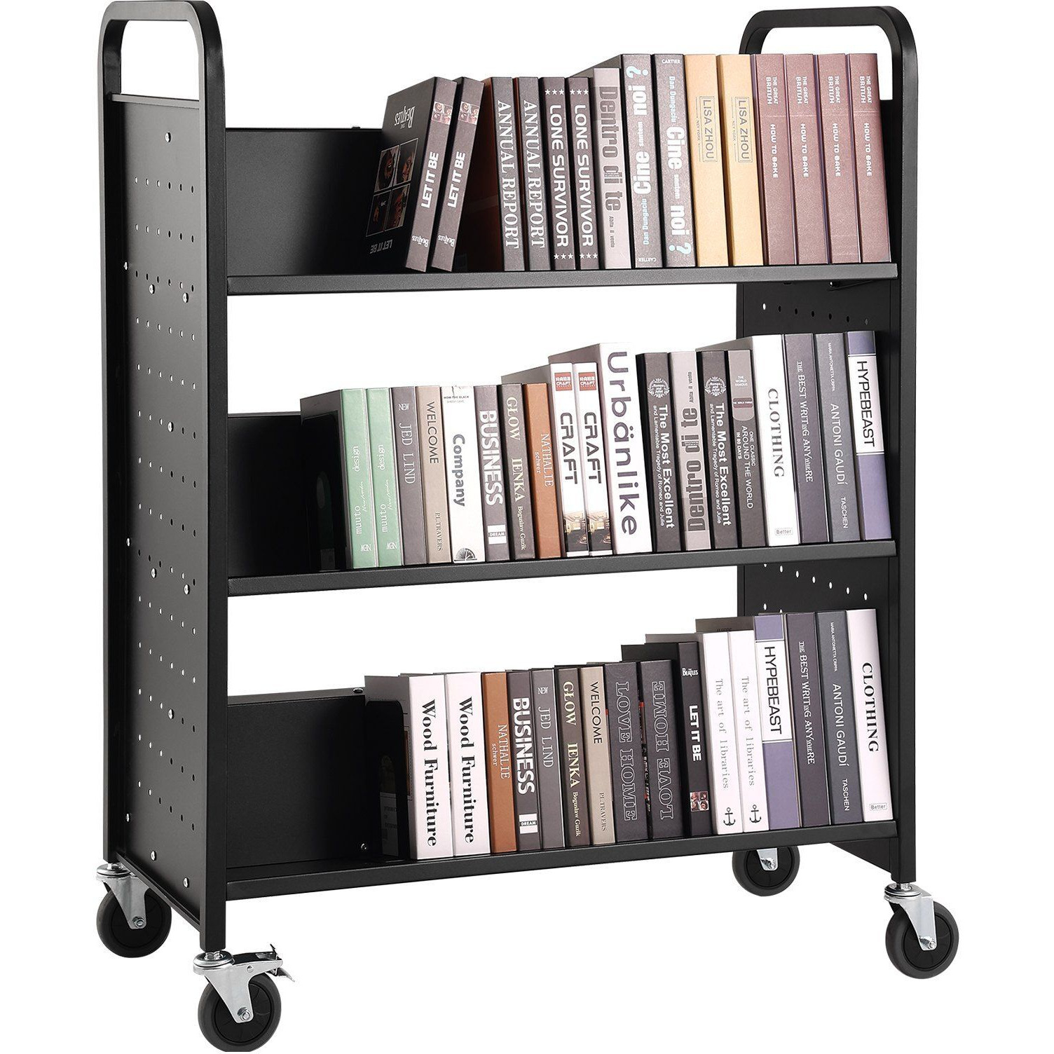 Vevor Book Cart  330 Lbs Library Cart  39.4"" X 20.1"" X 49.2"" Rolling Book Cart  Double Sided W-Shaped Sloped Shelves With 4-Inch Lockable Wheels For Home Shelves Office School  Book Truck In Black